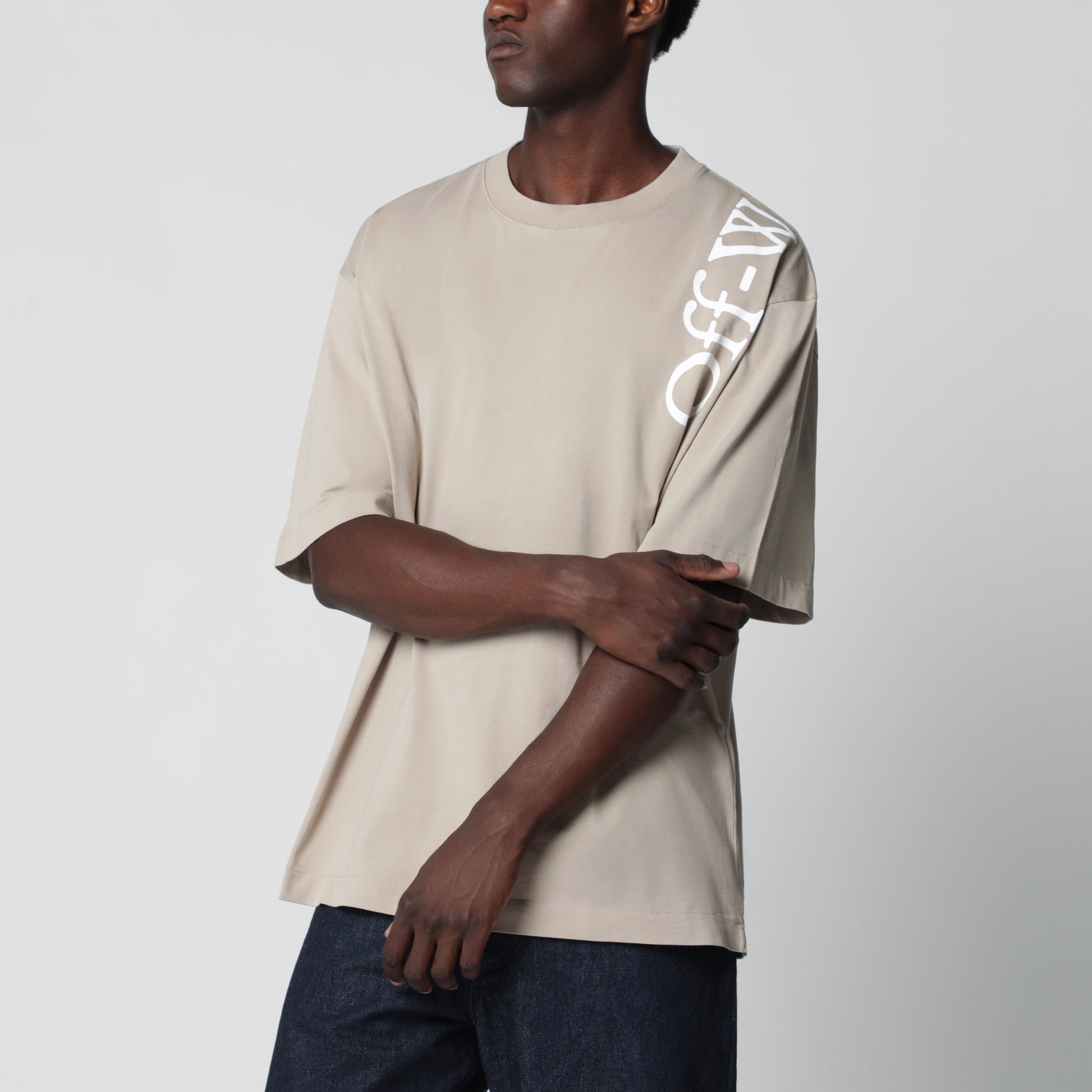 Off-White Beige Cotton Crew-Neck T-Shirt With Printed Logo Men OFF-WHITE