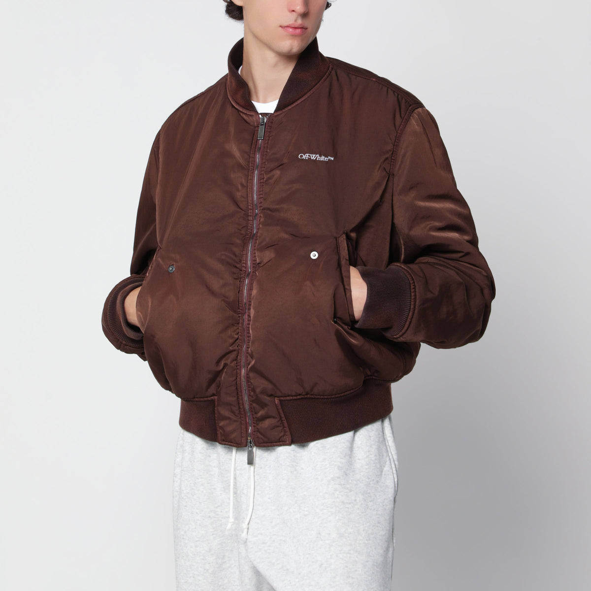 Off-White Brown Zip-Up Bomber Jacket In Technical Fabric Men OFF-WHITE