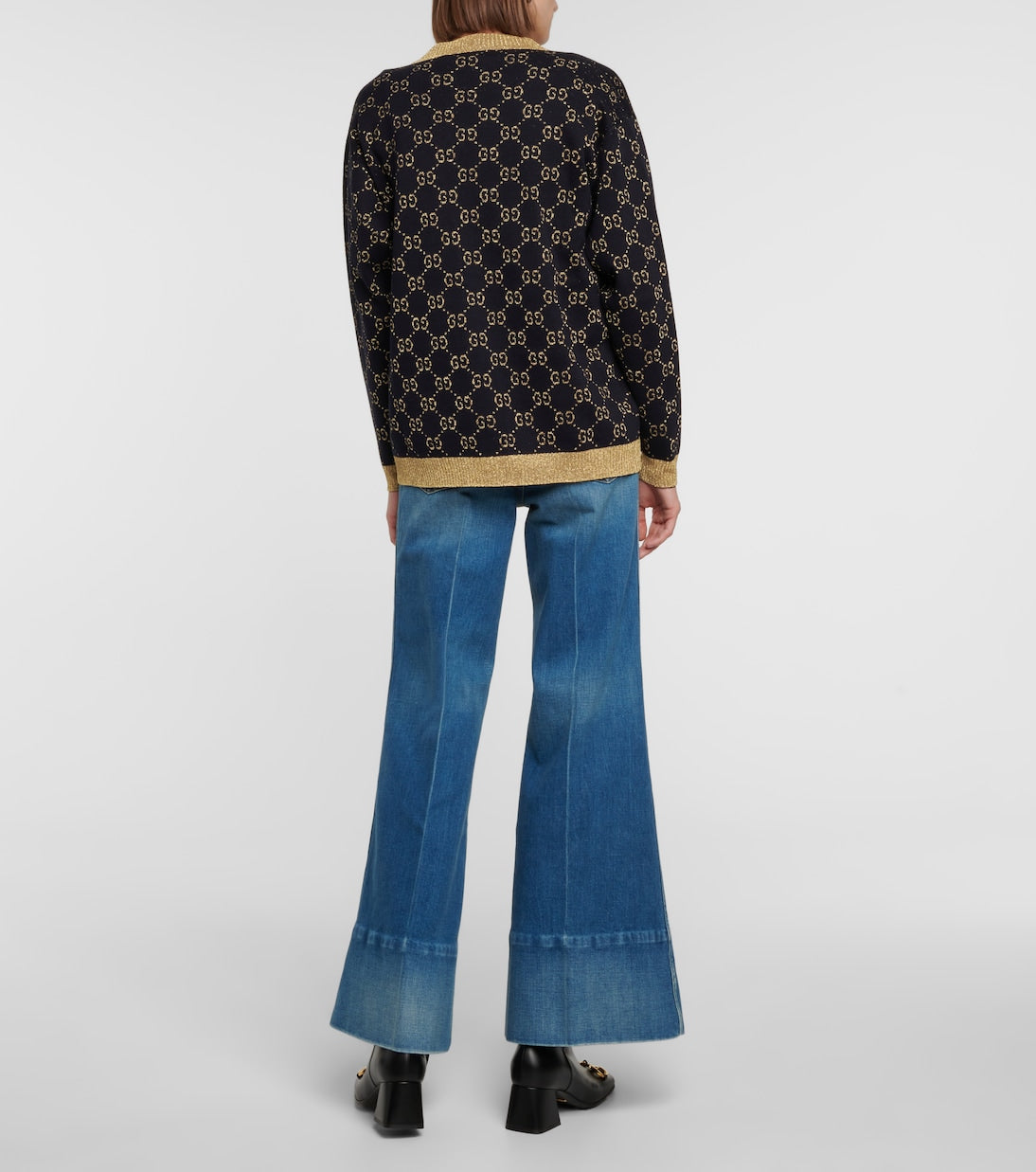 Gucci Women Blue/Gold Gg Supreme Lurex And Cotton Knit  Cardigan