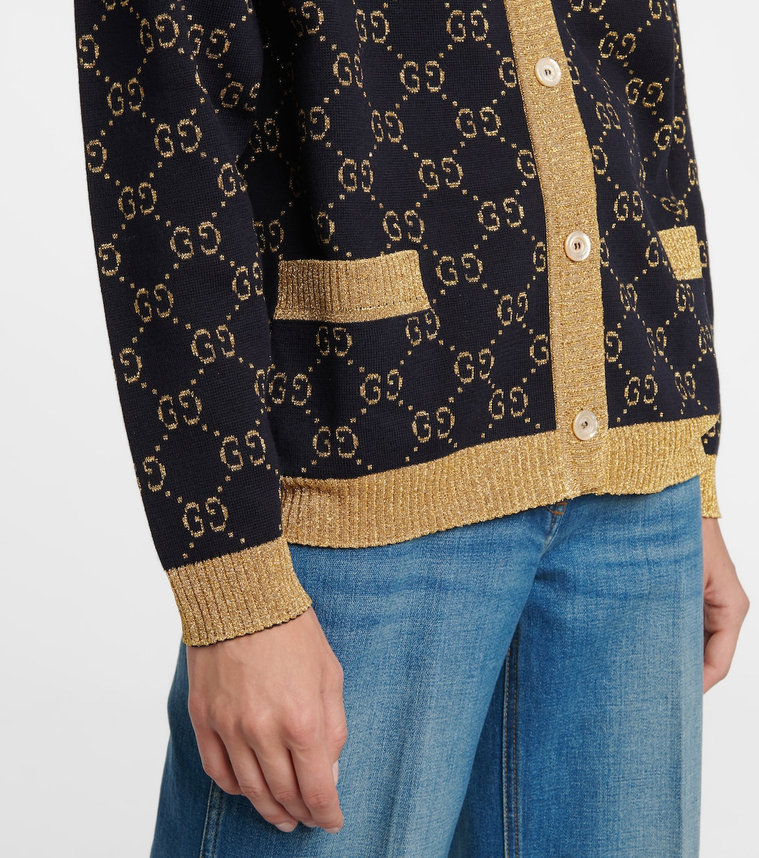 Gucci Women Blue/Gold Gg Supreme Lurex And Cotton Knit  Cardigan