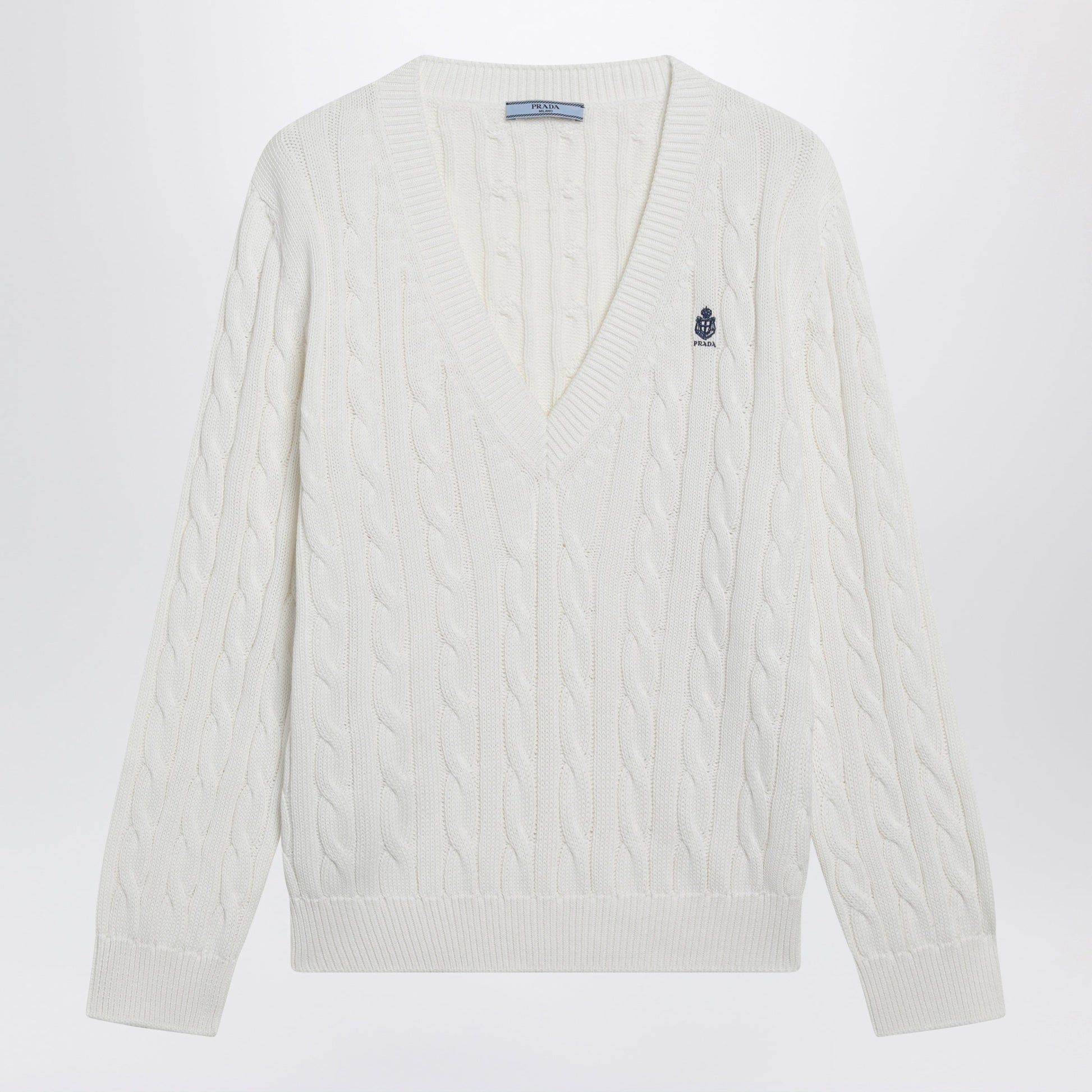 Prada White Cable-Knit V-Neck Jumper Women PRADA