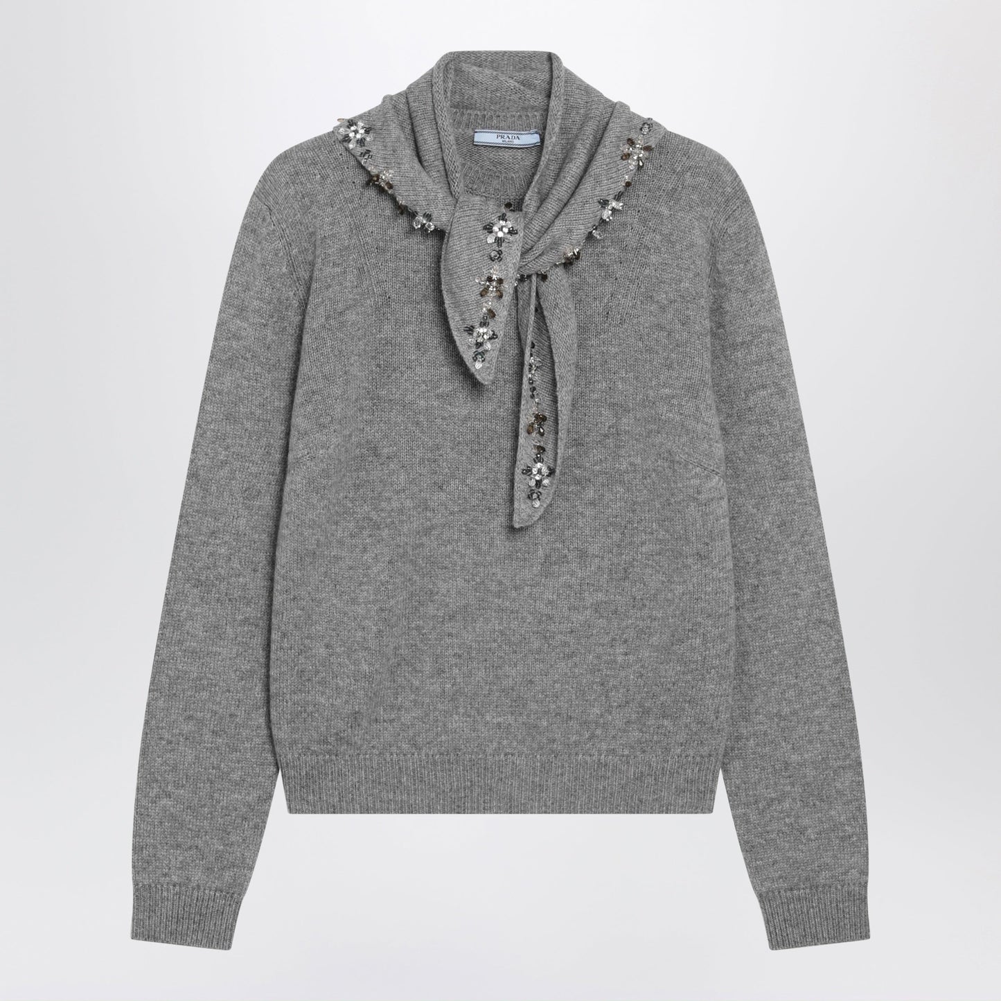 Prada Grey Cashmere Sweater With Jeweled Scarf Women PRADA