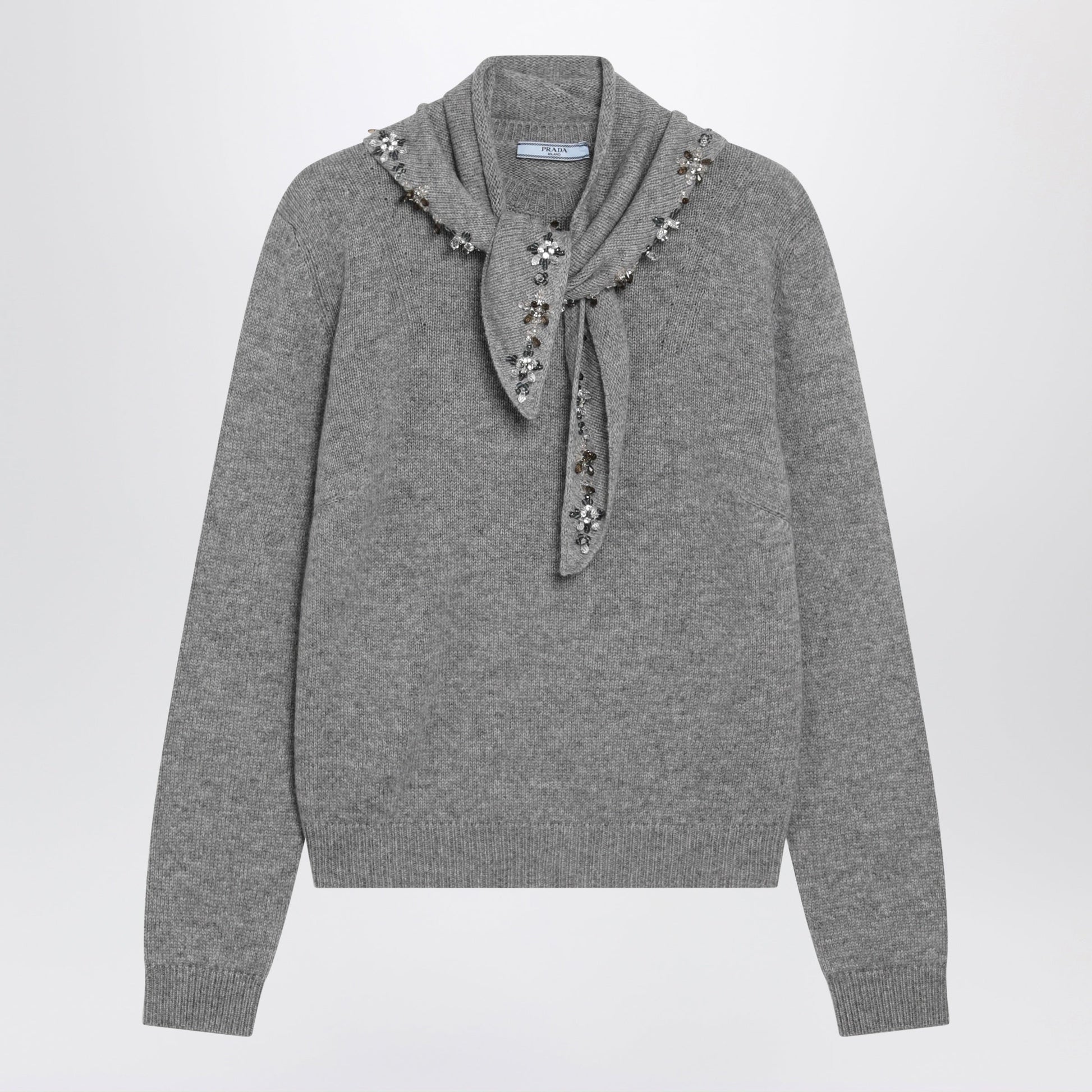 Prada Grey Cashmere Sweater With Jeweled Scarf Women PRADA