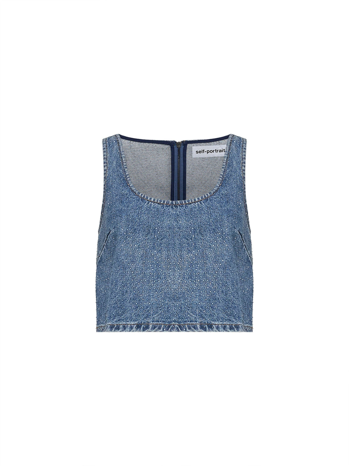 Self Portrait Women Blue Rhinestone Denim Crop Top SELF-PORTRAIT
