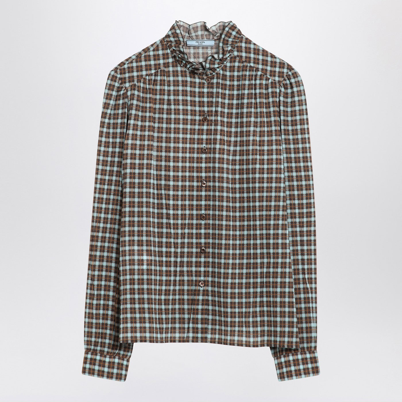 Prada Check-Patterned Shirt Turquoise/Cocoa In Silk Blend Women PRADA
