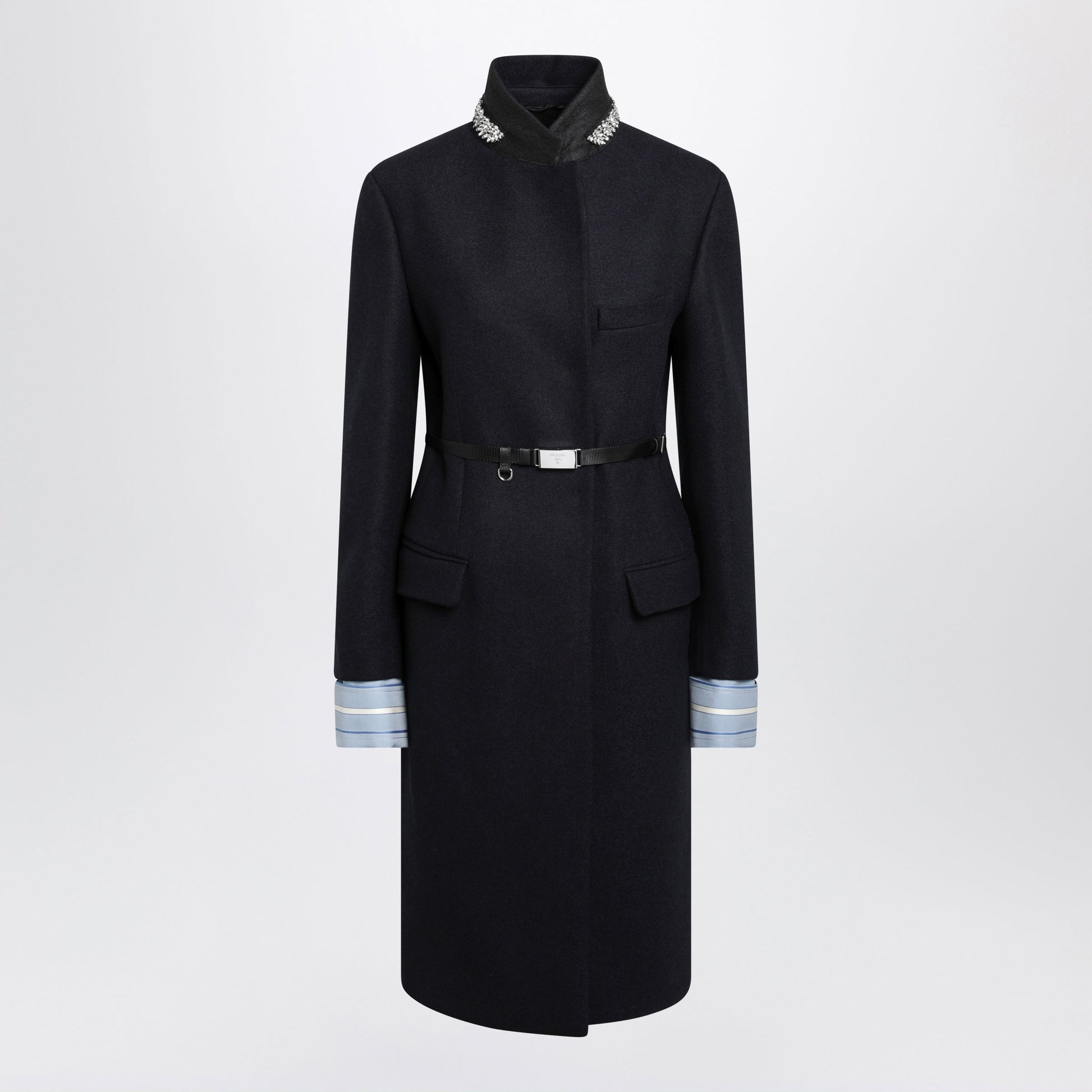Prada Blue Wool Coat With Belt Women PRADA