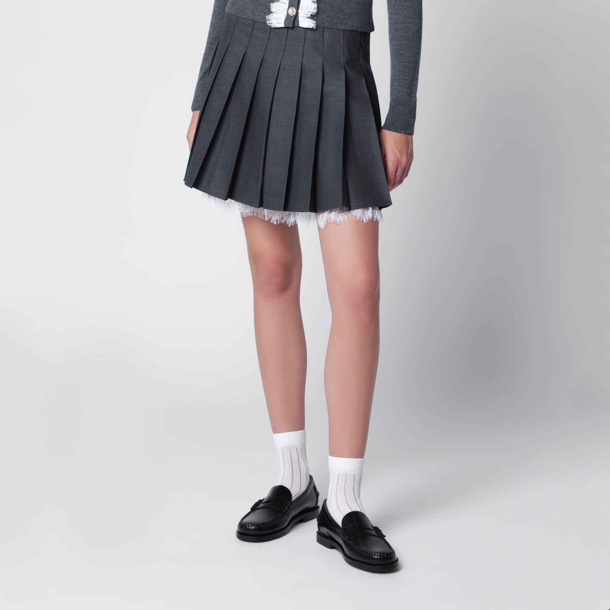 Self Portrait Pleated Wool Mini Skirt With Lace Trim In Grey Women SELF-PORTRAIT