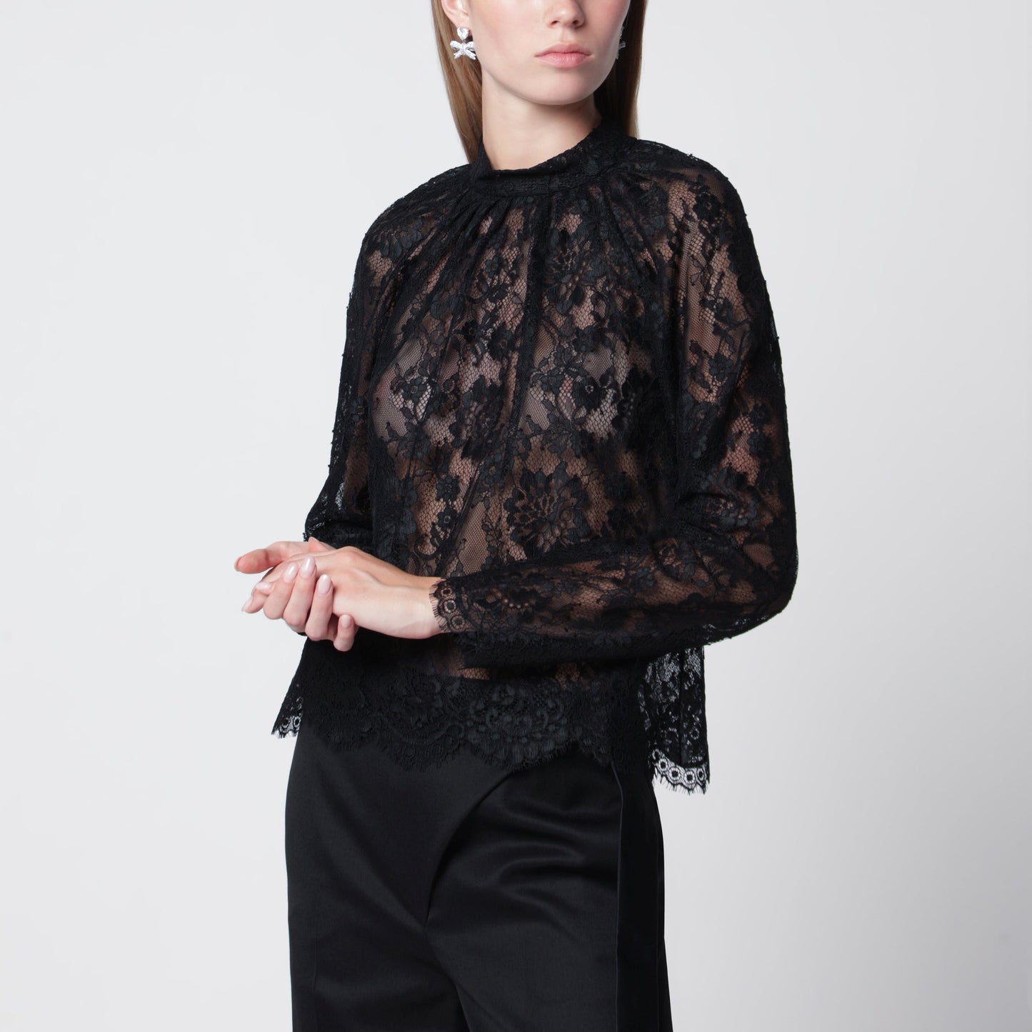 Self Portrait High-Neck Lace Blouse With Long Sleeves In Black Women SELF-PORTRAIT