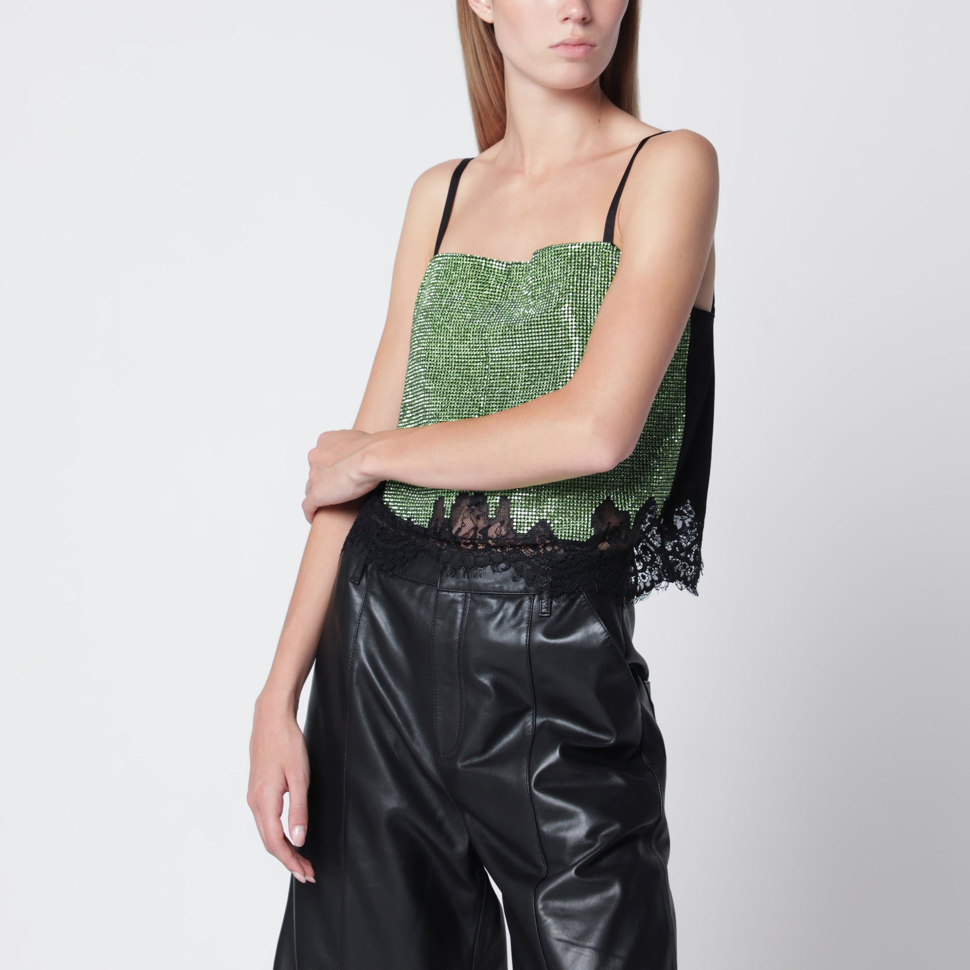 Self Portrait Crystal-Embellished Metallic Knit Top In Green Women SELF-PORTRAIT