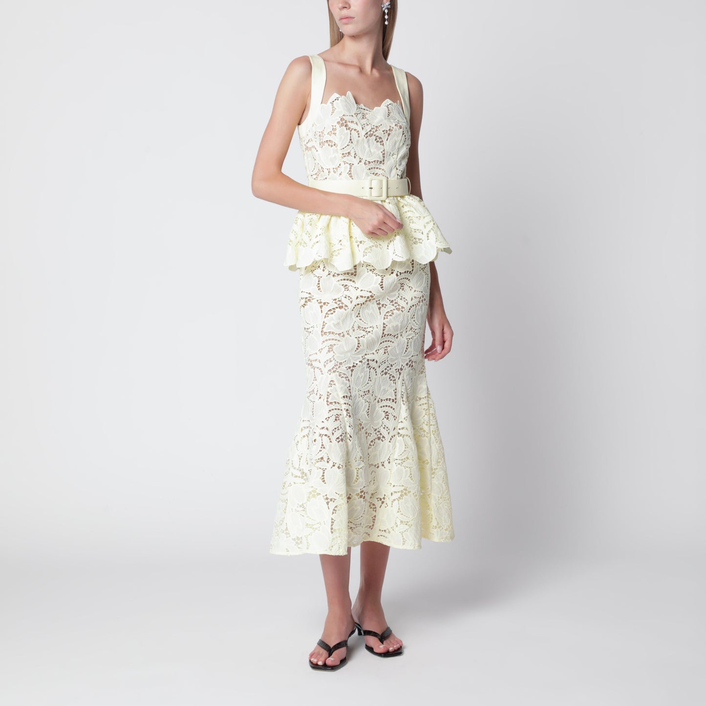 Self Portrait Yellow Peplum Midi Lace Dress Women SELF-PORTRAIT