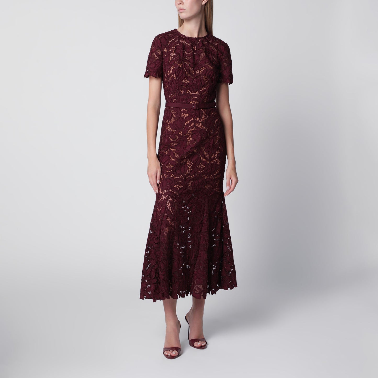 Self Portrait Burgundy Lace Midi Dress With Removable Belt Women SELF-PORTRAIT