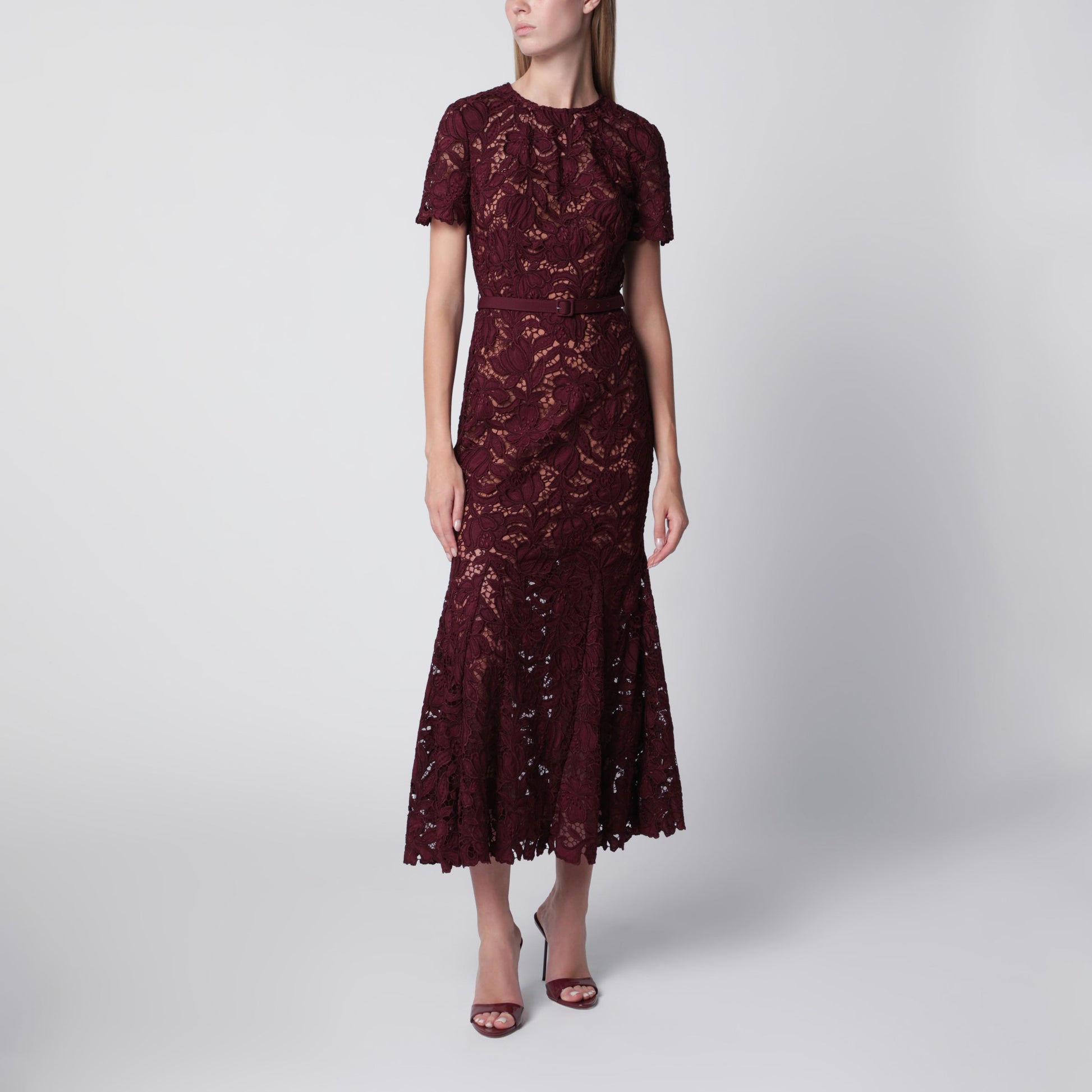 Self Portrait Burgundy Lace Midi Dress With Removable Belt Women SELF-PORTRAIT