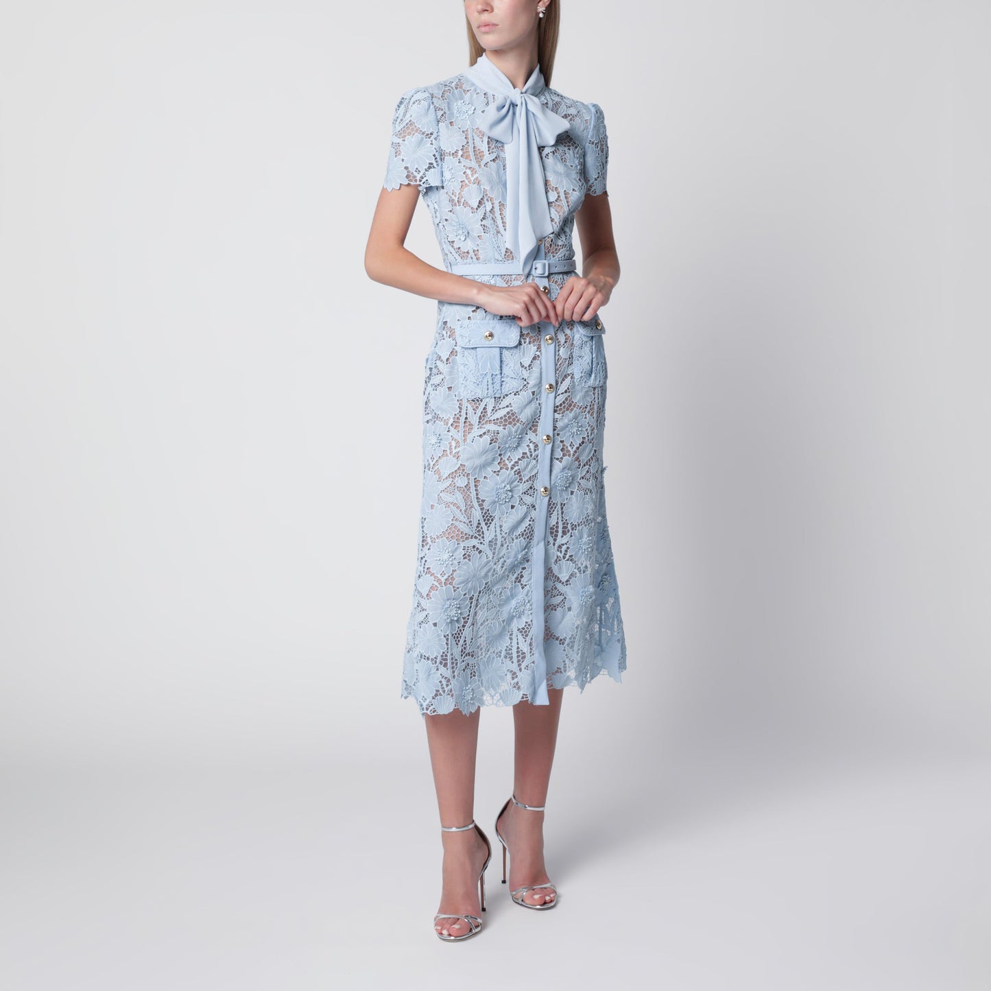 Self Portrait Tie-Neck Lace Midi Dress In Blue Women SELF-PORTRAIT