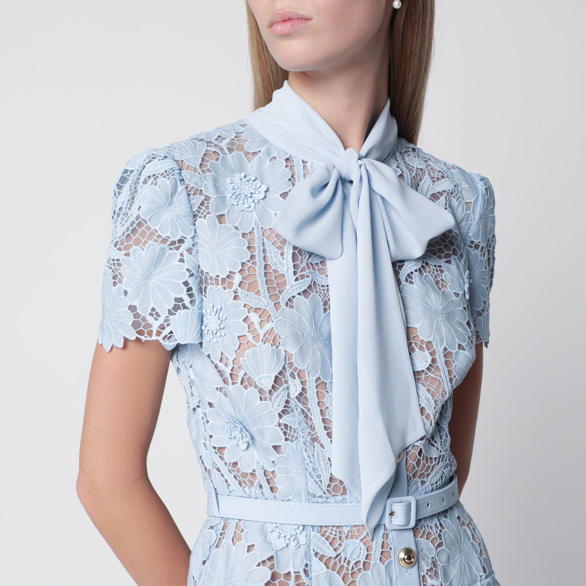 Self Portrait Tie-Neck Lace Midi Dress In Blue Women SELF-PORTRAIT