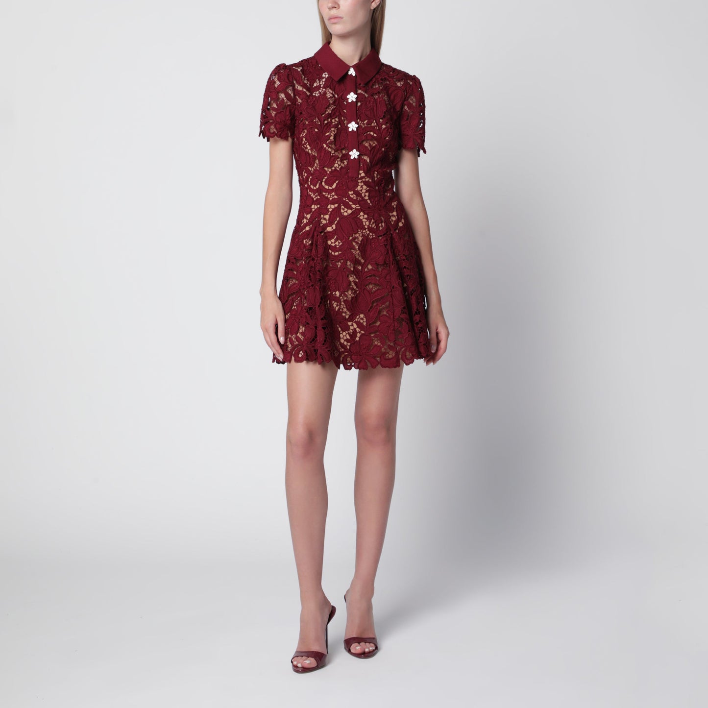 Self Portrait Lace Mini Dress With Floral Buttons In Burgundy Women SELF-PORTRAIT