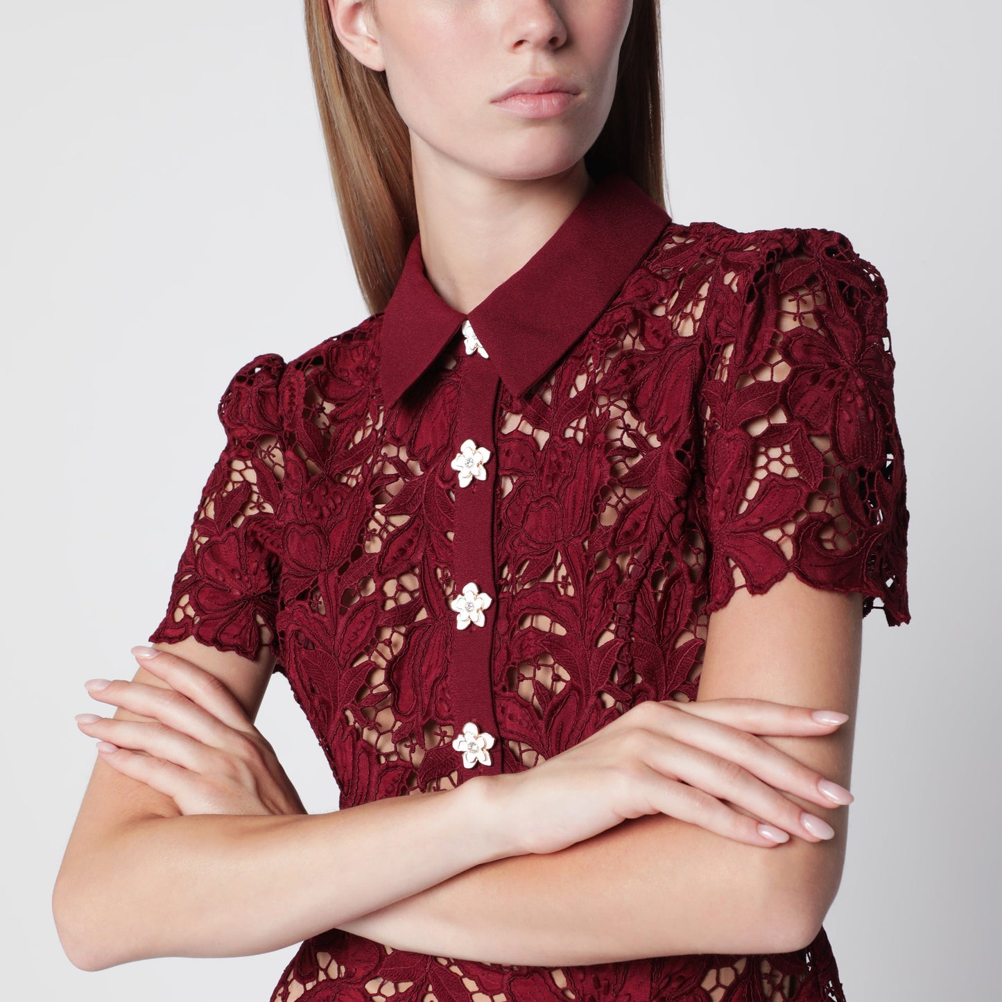 Self Portrait Lace Mini Dress With Floral Buttons In Burgundy Women SELF-PORTRAIT