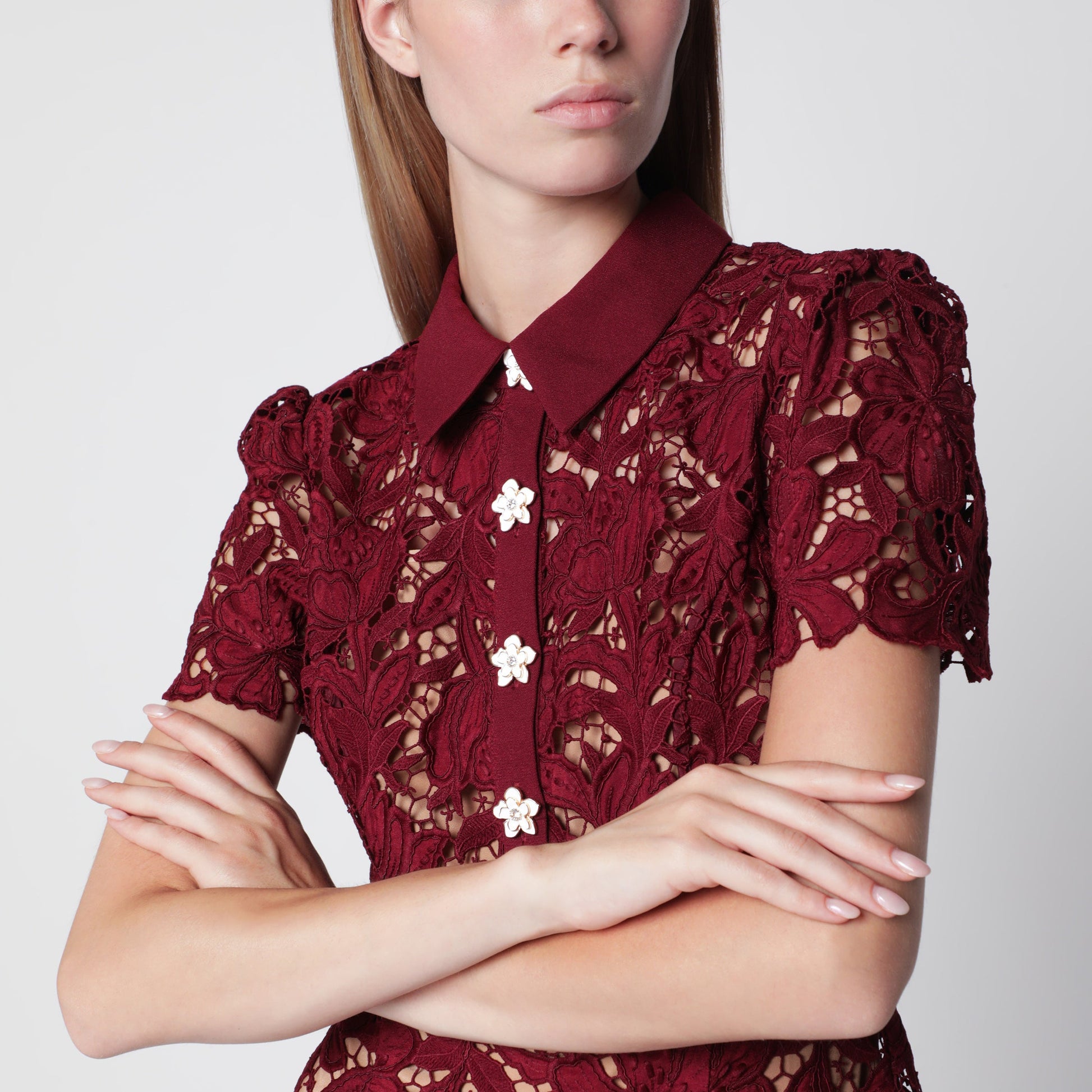 Self Portrait Lace Mini Dress With Floral Buttons In Burgundy Women SELF-PORTRAIT