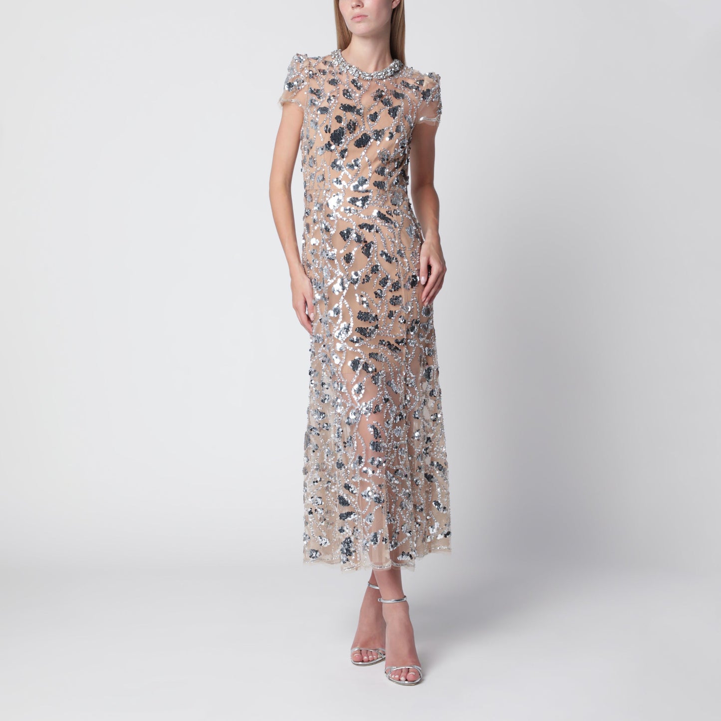 Self Portrait Sequin-Embellished Midi Dress In Polyester, Silver Women SELF-PORTRAIT