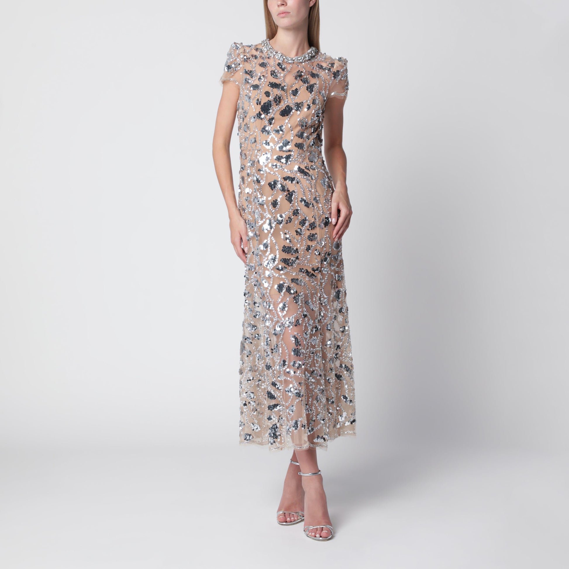 Self Portrait Sequin-Embellished Midi Dress In Polyester, Silver Women SELF-PORTRAIT