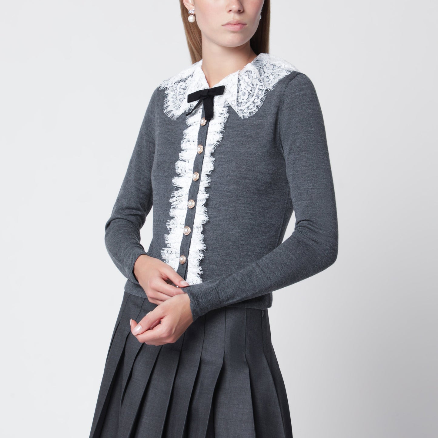 Self Portrait Knitted Wool Cardigan With Lace Collar In Grey Women SELF-PORTRAIT