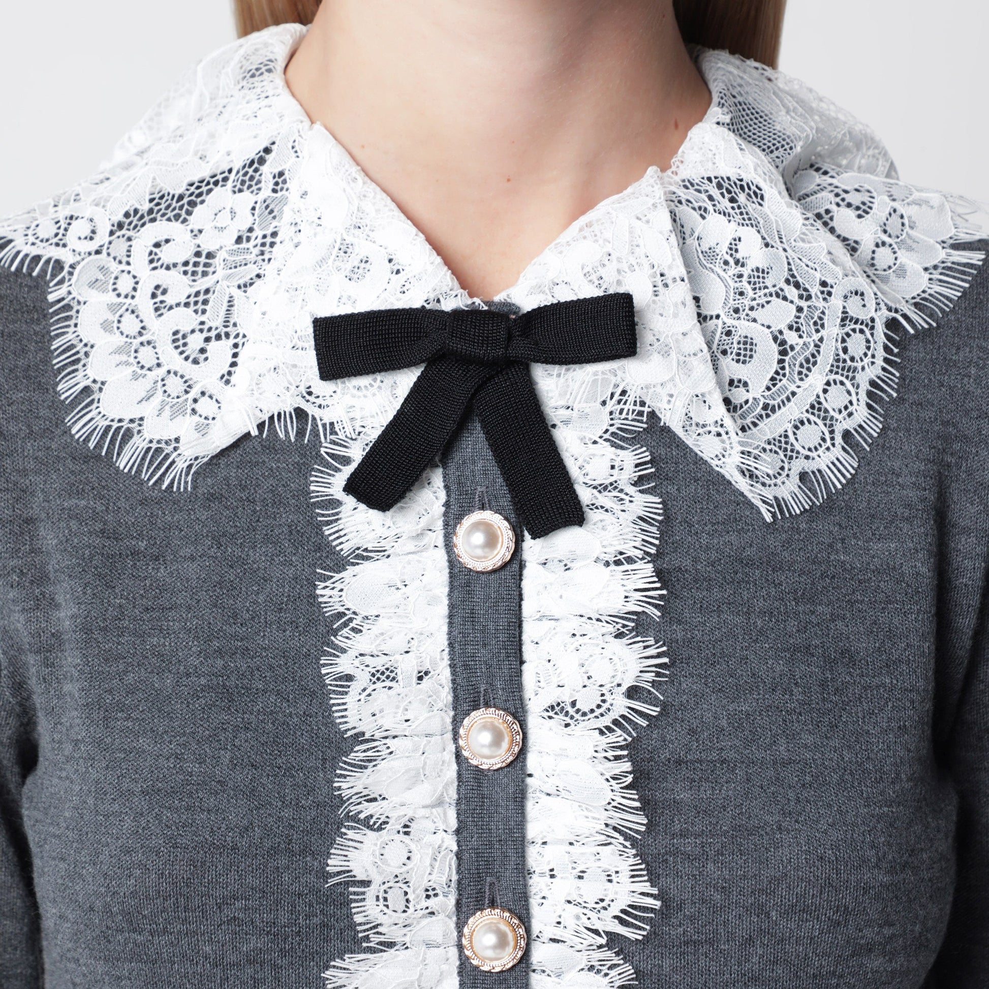Self Portrait Knitted Wool Cardigan With Lace Collar In Grey Women SELF-PORTRAIT