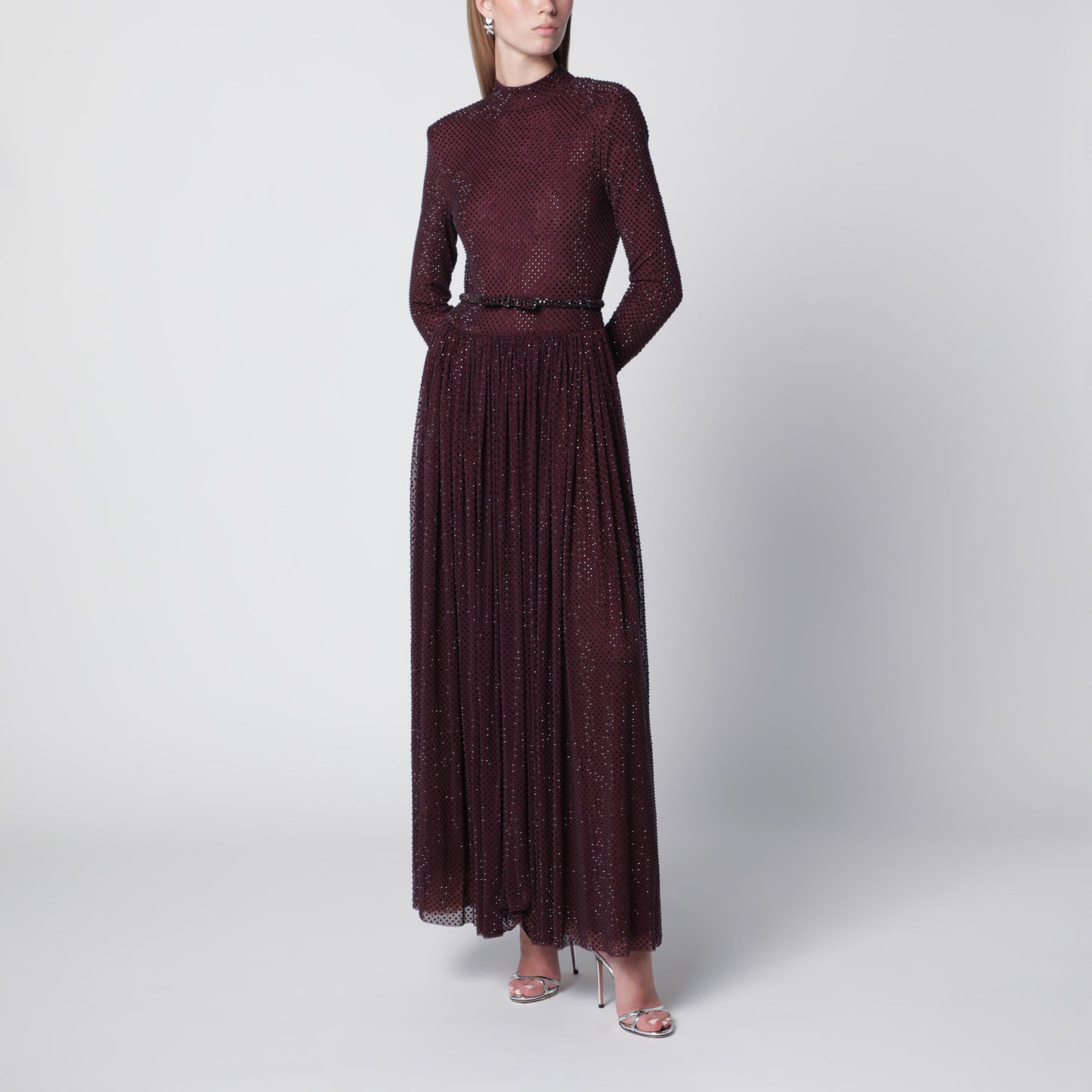 Self Portrait Burgundy Long Dress With Rhinestones Women SELF-PORTRAIT