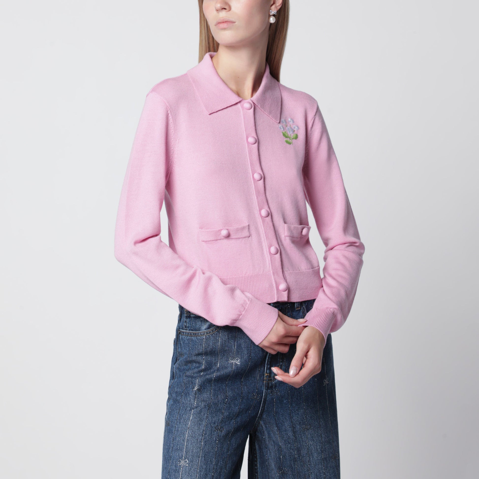 Self Portrait Wool Knit Cardigan With Floral Embroidery In Pink Women SELF-PORTRAIT