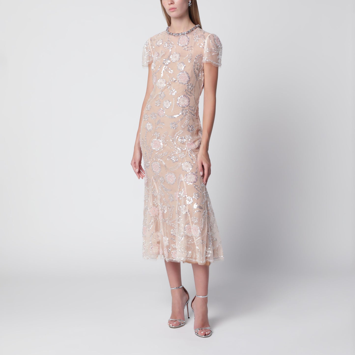 Self Portrait Floral Sequin Midi Dress In Pink Polyester Women SELF-PORTRAIT