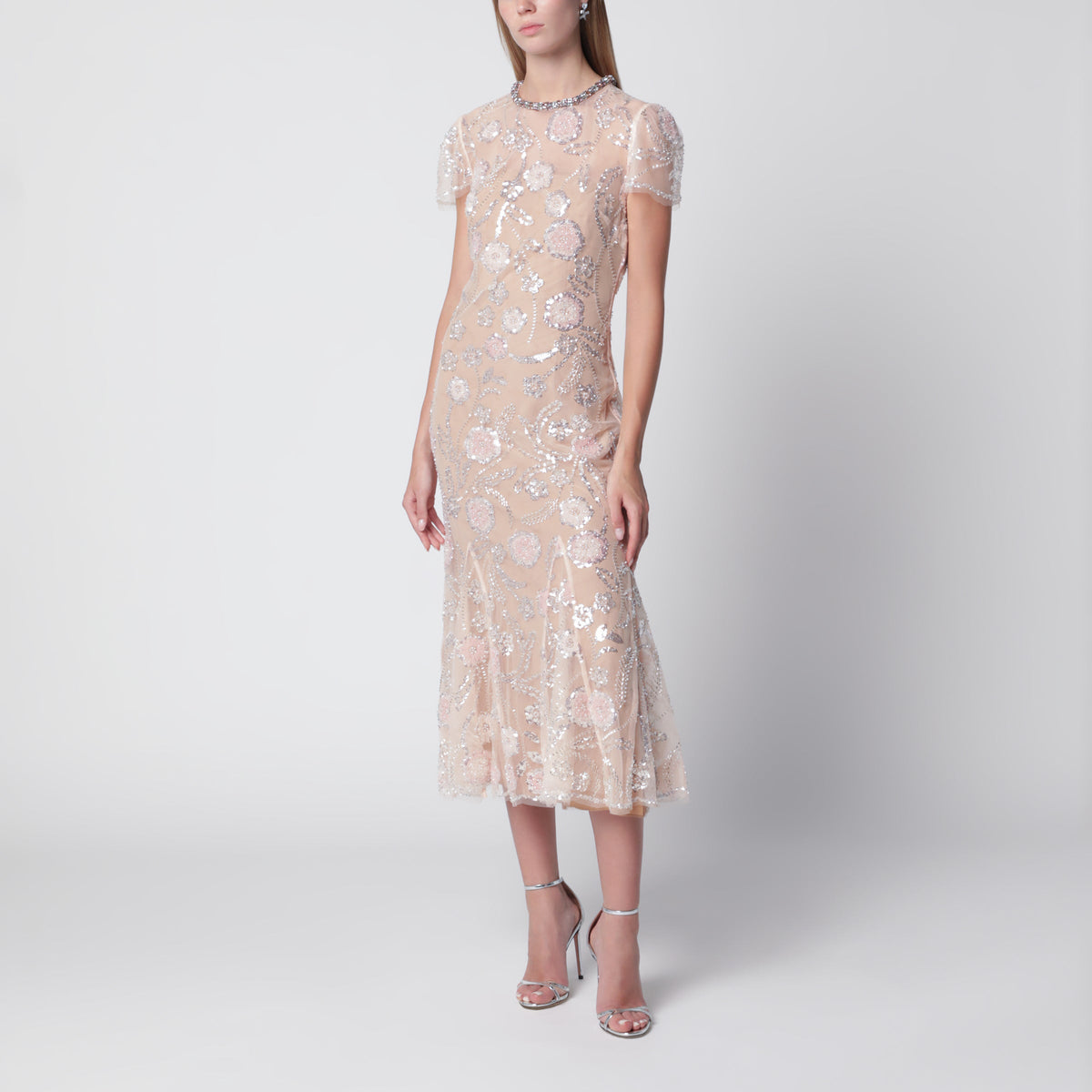 Self-Portrait Floral Sequin Midi Dress In Pink Polyester Women