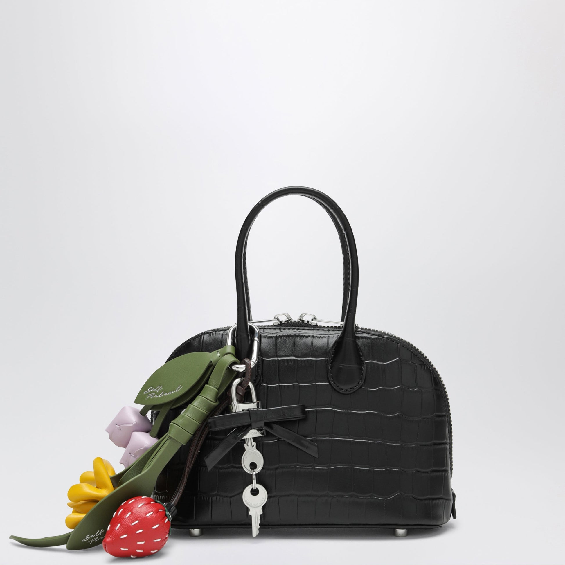 Self-Portrait Mini Black Bowling Bag In Embossed Leather Women SELF-PORTRAIT