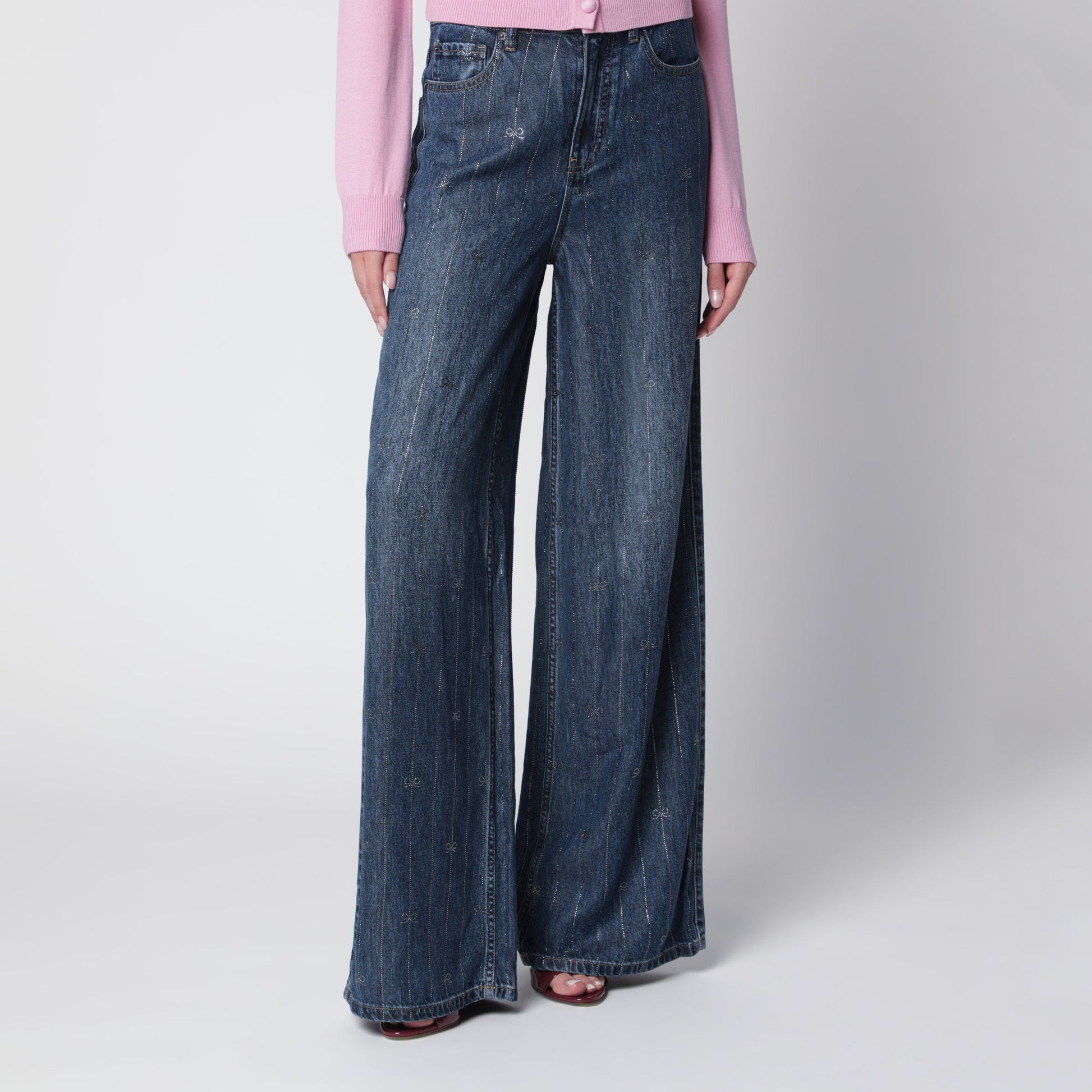 Self Portrait Wide-Leg Denim Jeans With Rhinestone Stripes In Blue Women SELF-PORTRAIT