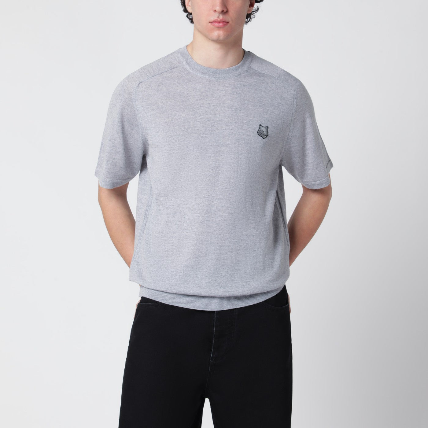 Maison Kitsune Grey Melange Fox Head Wool Sweater Men Maison Kitsune