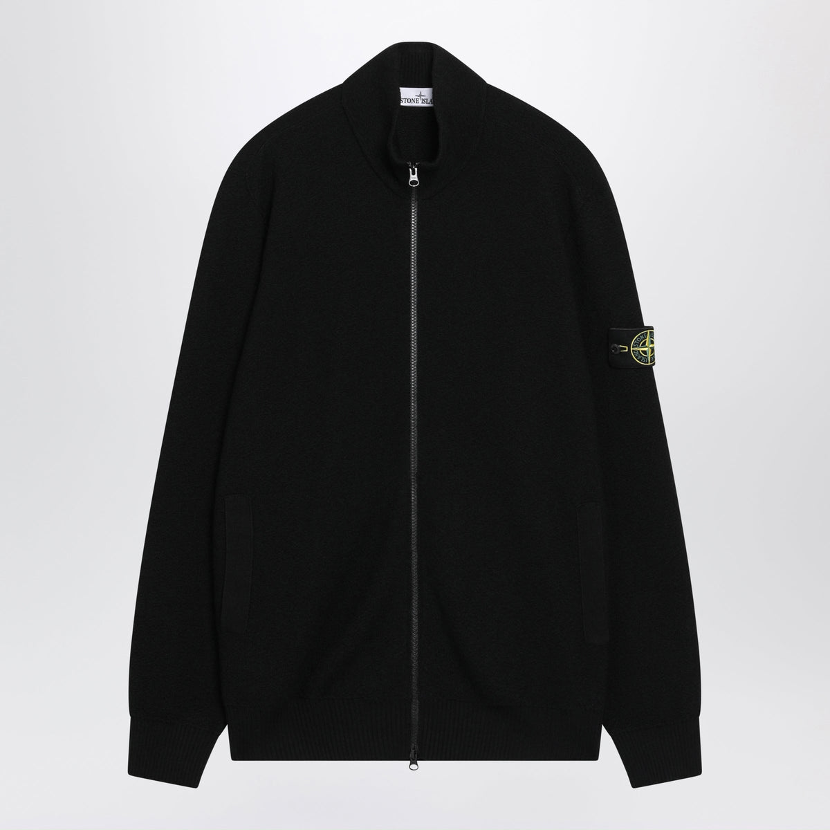 Stone Island Black Zip-Up Sweater In Pure Wool Men STONE ISLAND