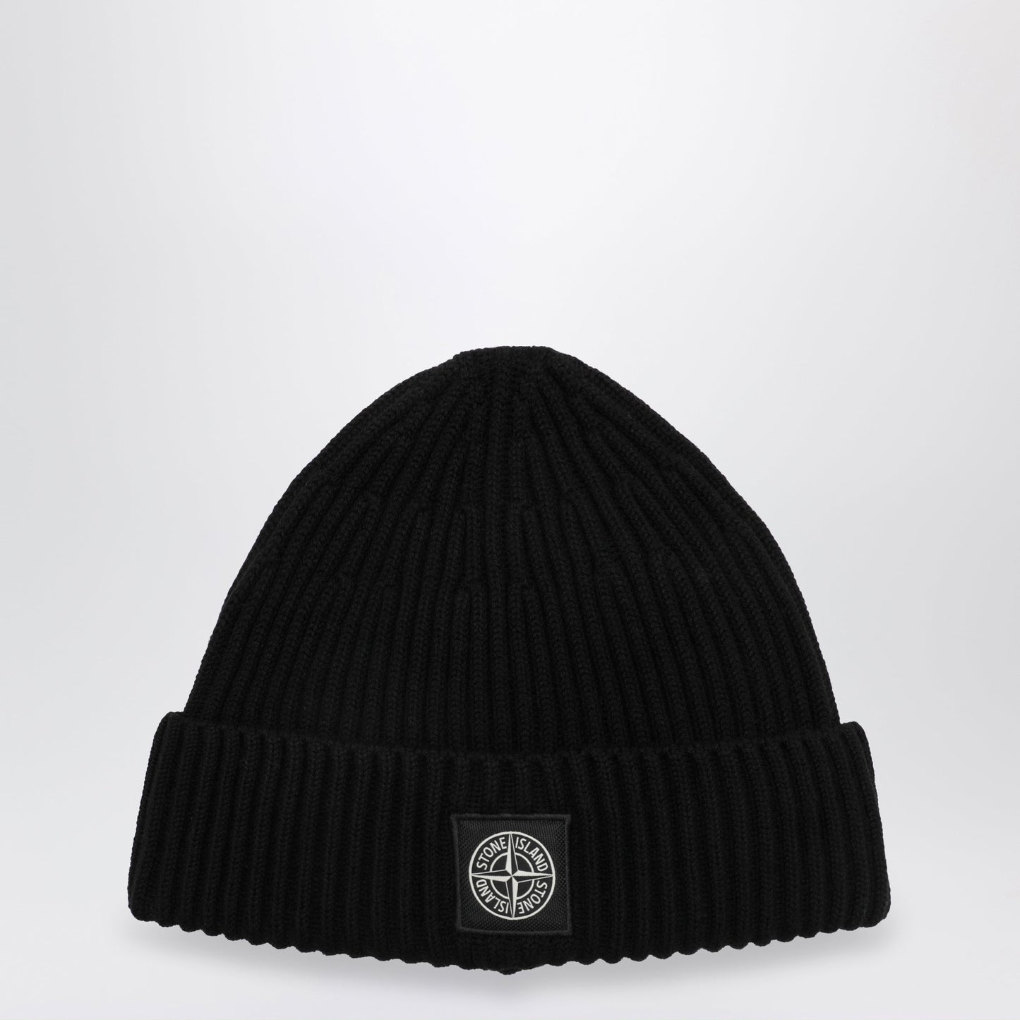 Stone Island Compass Patch Beanie In Black Wool Men STONE ISLAND