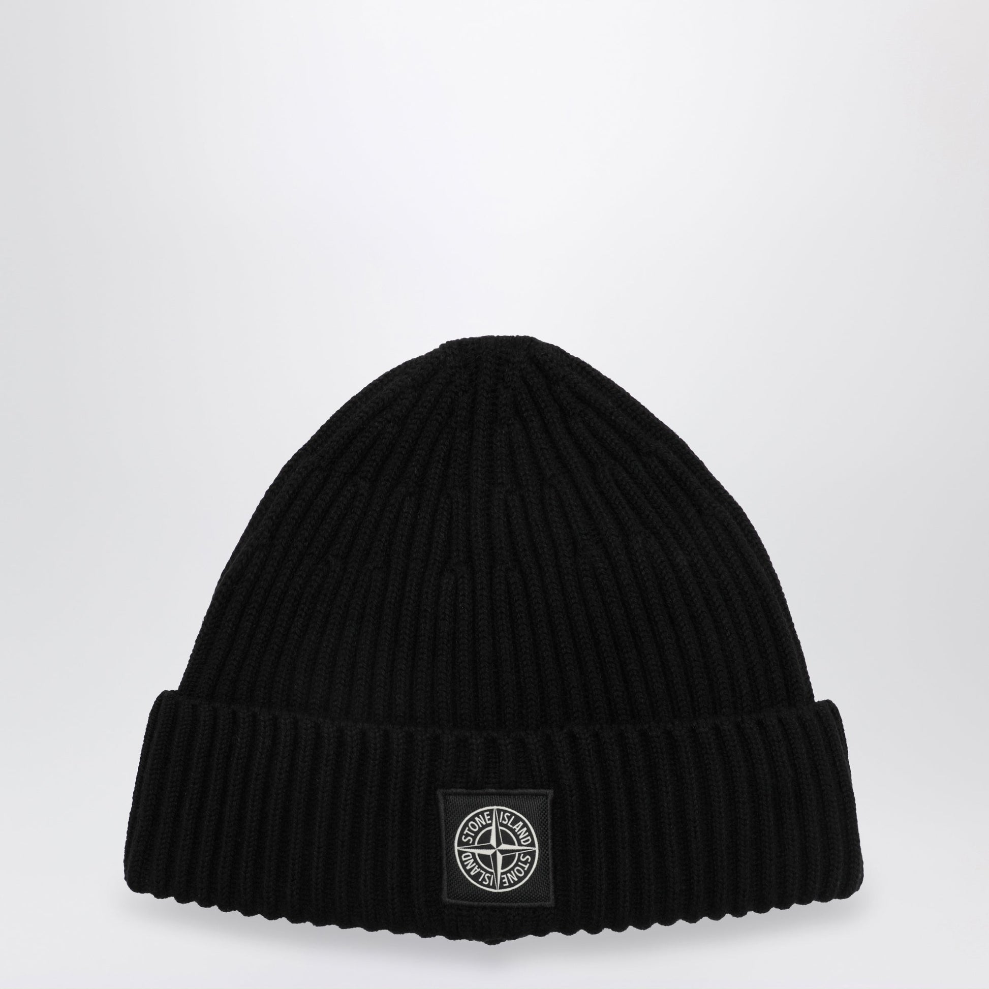 Stone Island Compass Patch Beanie In Black Wool Men STONE ISLAND