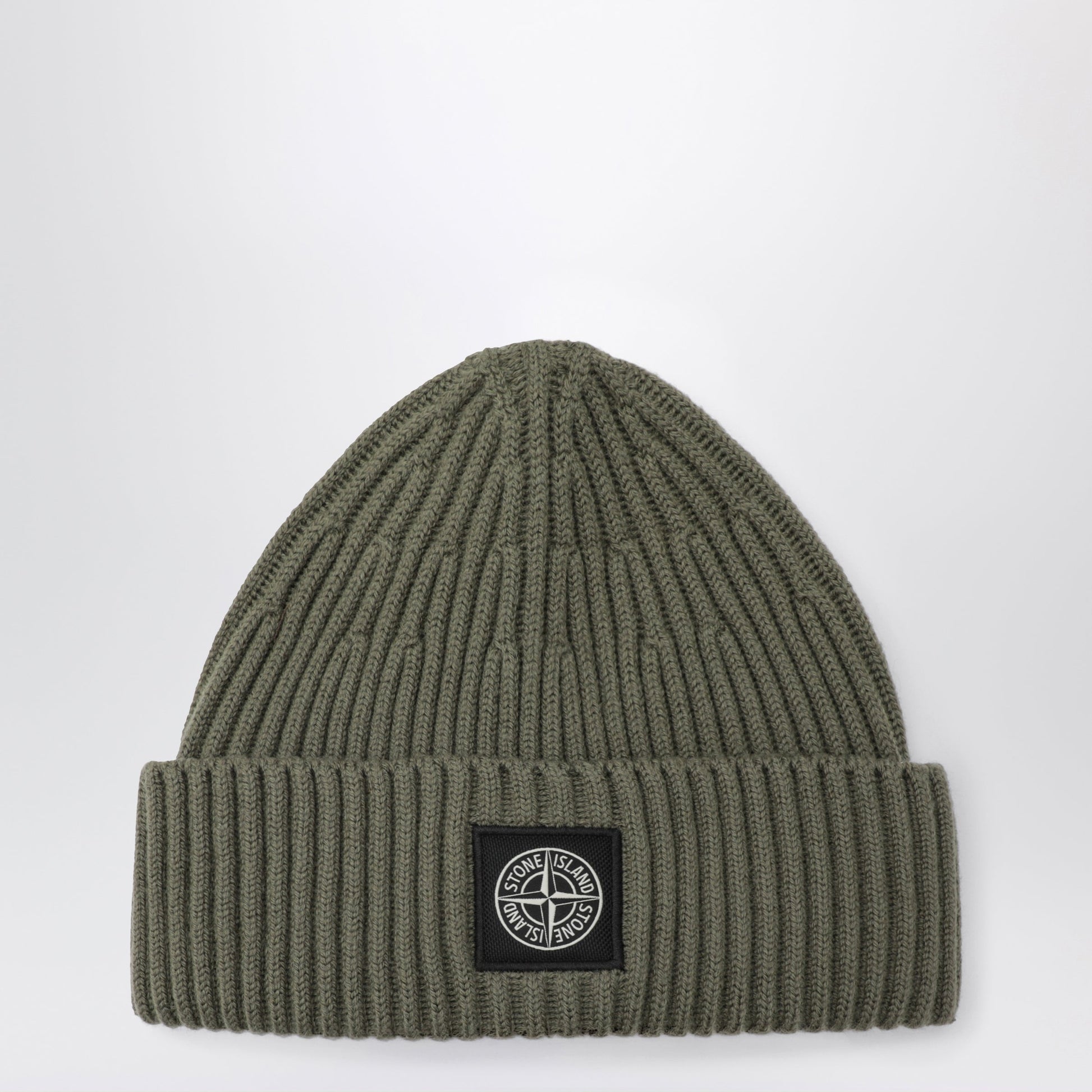 Stone Island Green Ribbed Wool Beanie With Compass Patch Men STONE ISLAND