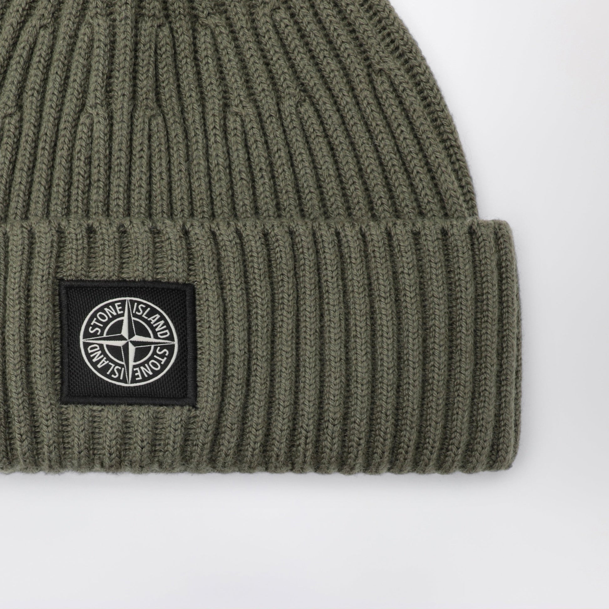 Stone Island Green Ribbed Wool Beanie With Compass Patch Men STONE ISLAND