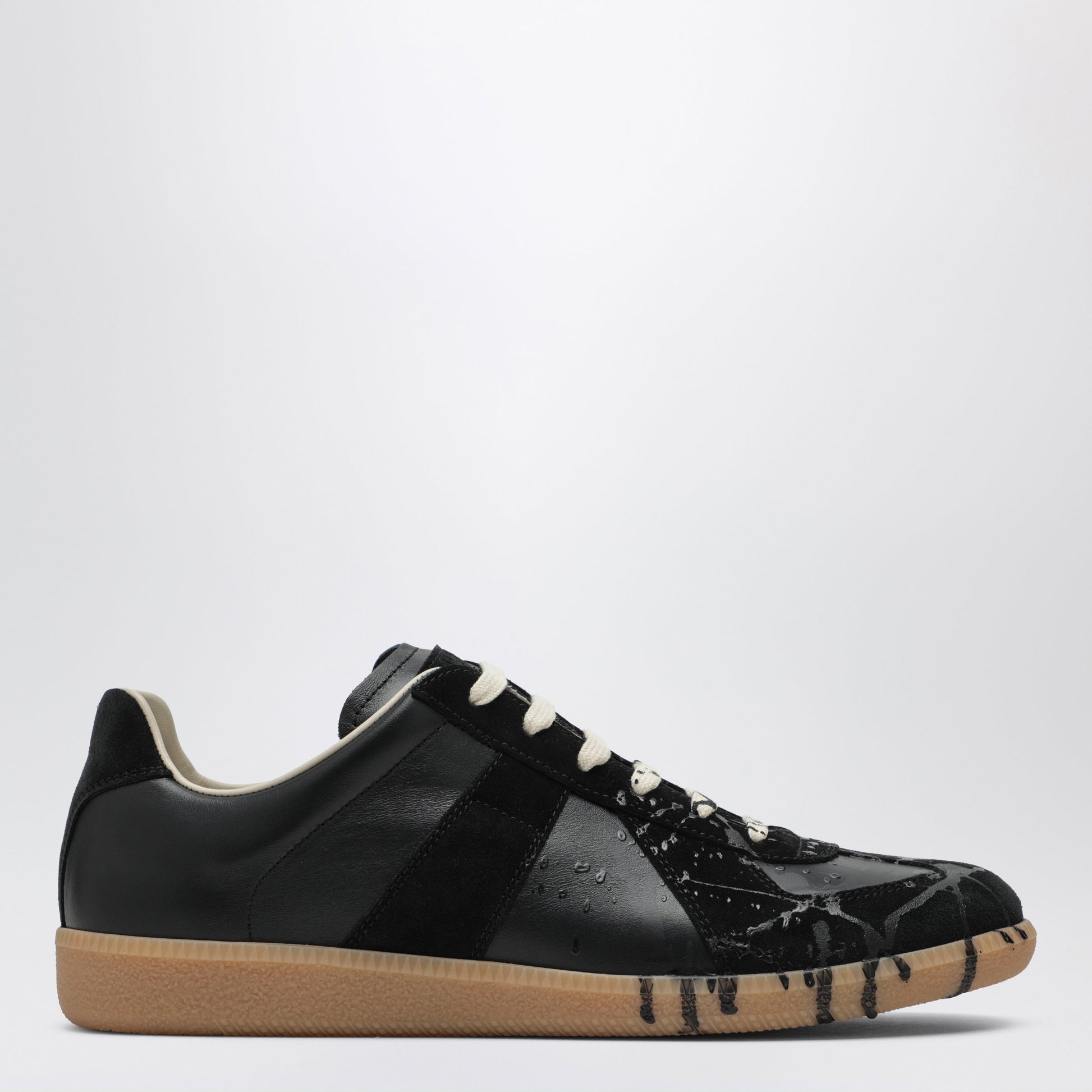 Maison Margiela Replica Paint-Splattered Calfskin And Suede Sneakers, Black Men MAISON MARGIELA