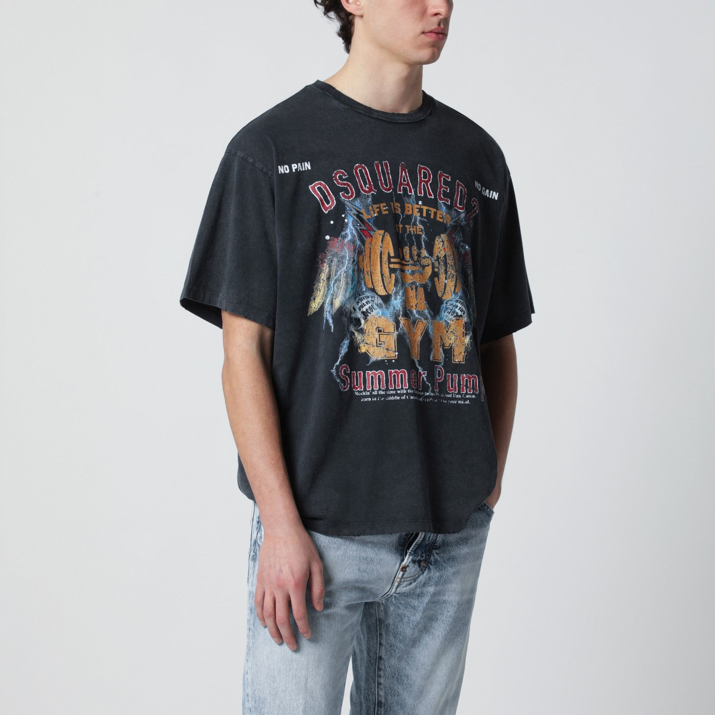 Dsquared2 Grey Vintage-Effect T-Shirt With Rock Print Men DSQUARED2