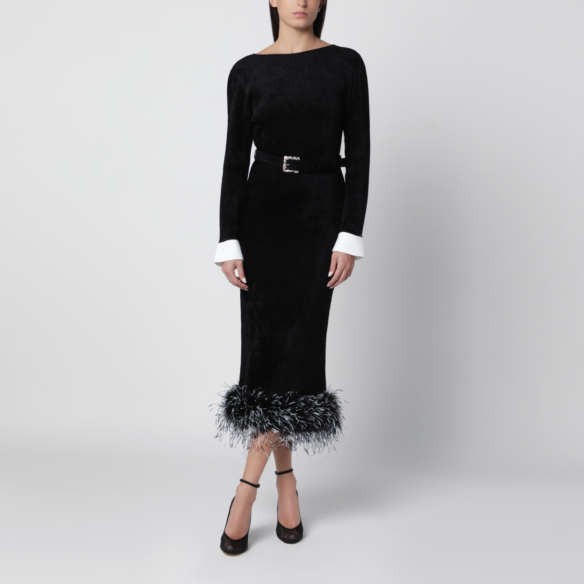 Self-Portrait Black Midi Chenille Knit Dress With Feather Trim Women SELF-PORTRAIT