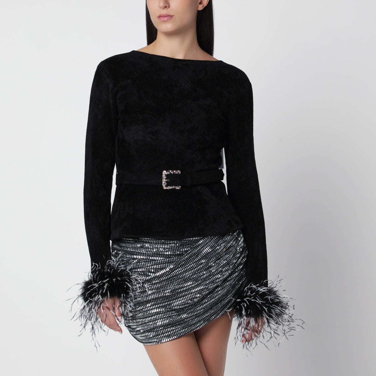 Self-Portrait Black Chenille Knit Top With Feather Trim Women SELF-PORTRAIT