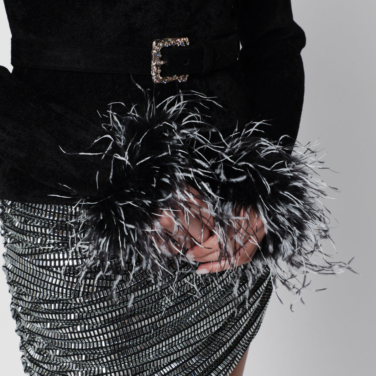 Self-Portrait Black Chenille Knit Top With Feather Trim Women SELF-PORTRAIT