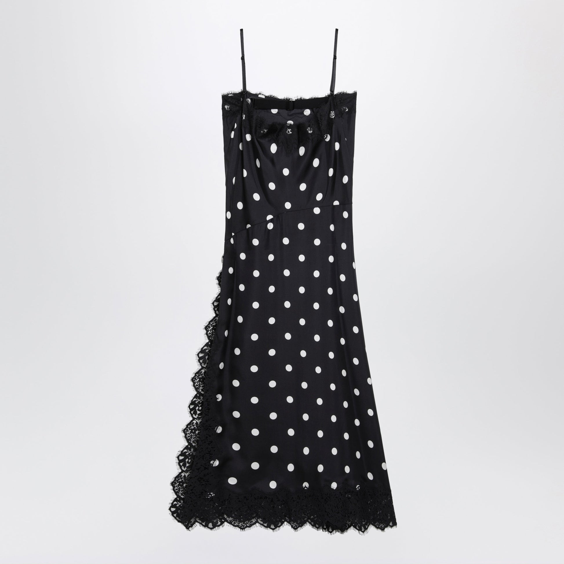 Sportmax Long Polka-Dot Silk Dress With Lace In Black Women SPORTMAX