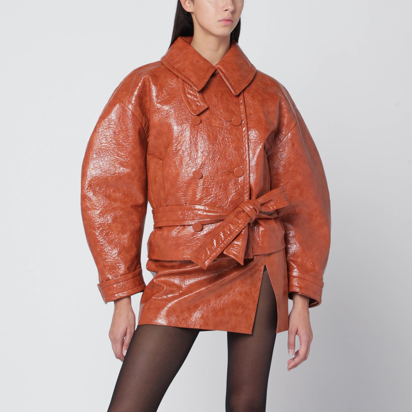 The Andamane Tan Leather-Effect Belted Jacket Women THE ANDAMANE