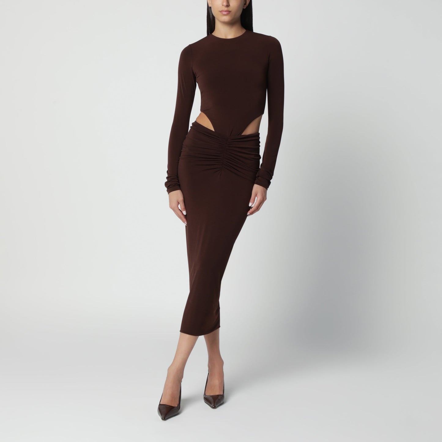 The Andamane Brown Midi Dress With Waist Cut-Out Detail Women THE ANDAMANE