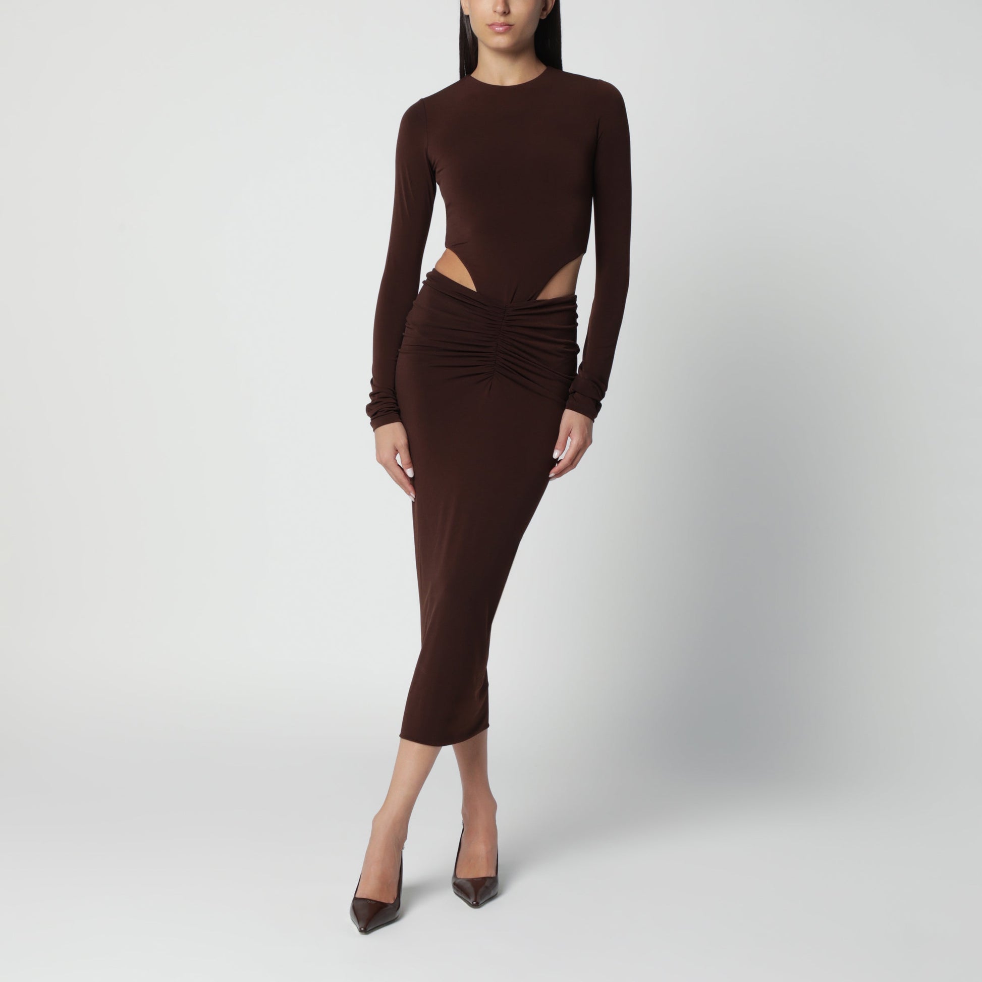 The Andamane Brown Midi Dress With Waist Cut-Out Detail Women THE ANDAMANE