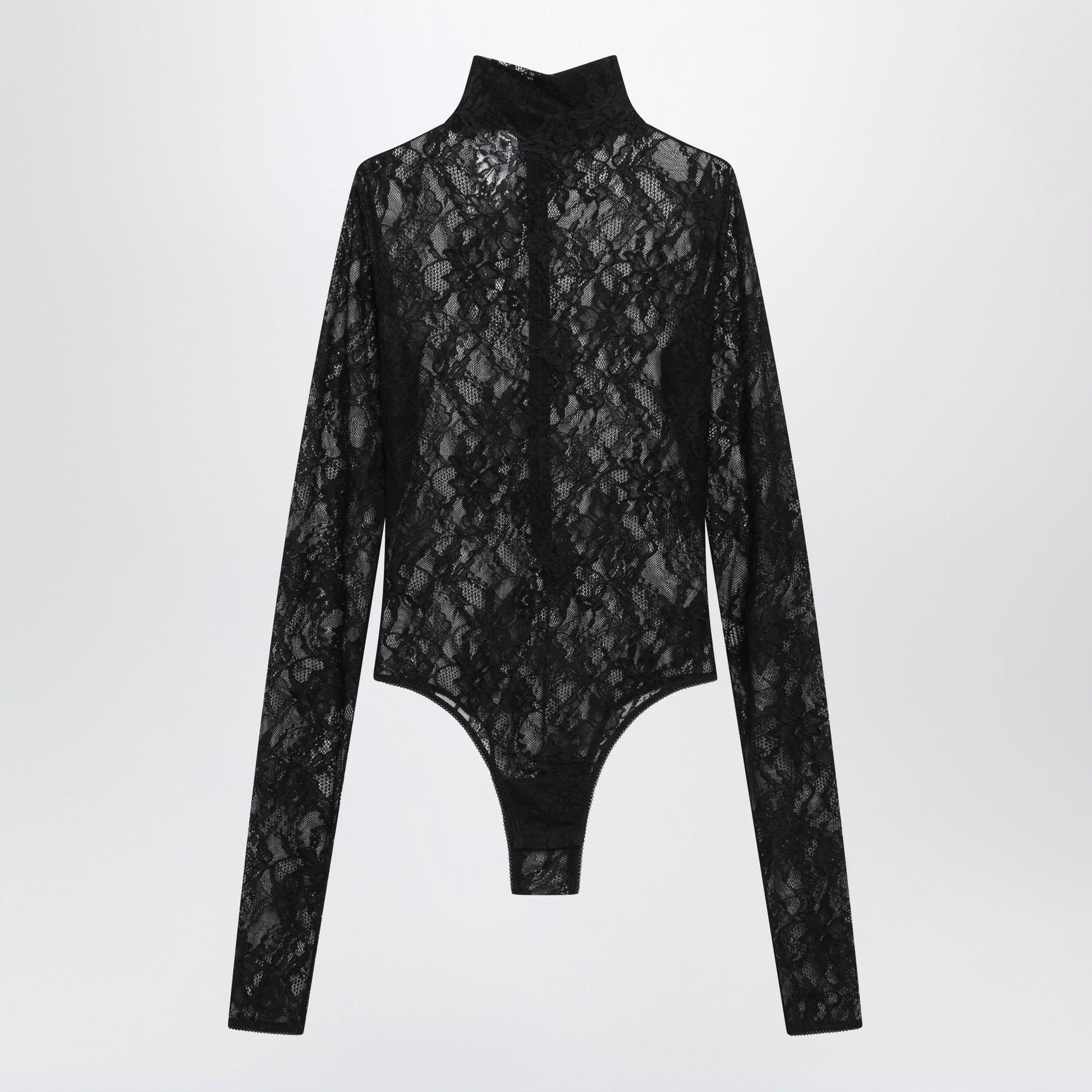 The Andamane Black Semi-Sheer Lace Turtleneck Bodysuit Women THE ANDAMANE
