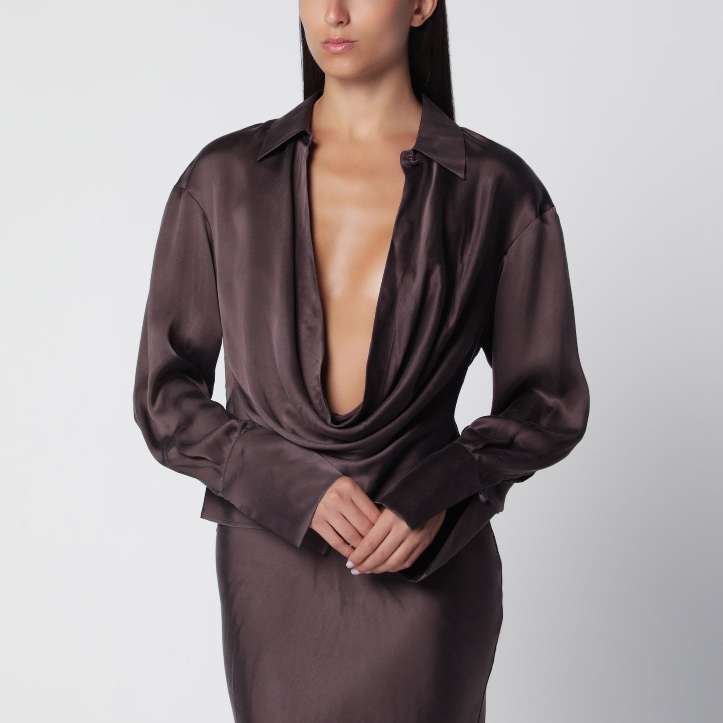 The Andamane Deep Neckline Rouge Noir Satin Shirt Women THE ANDAMANE