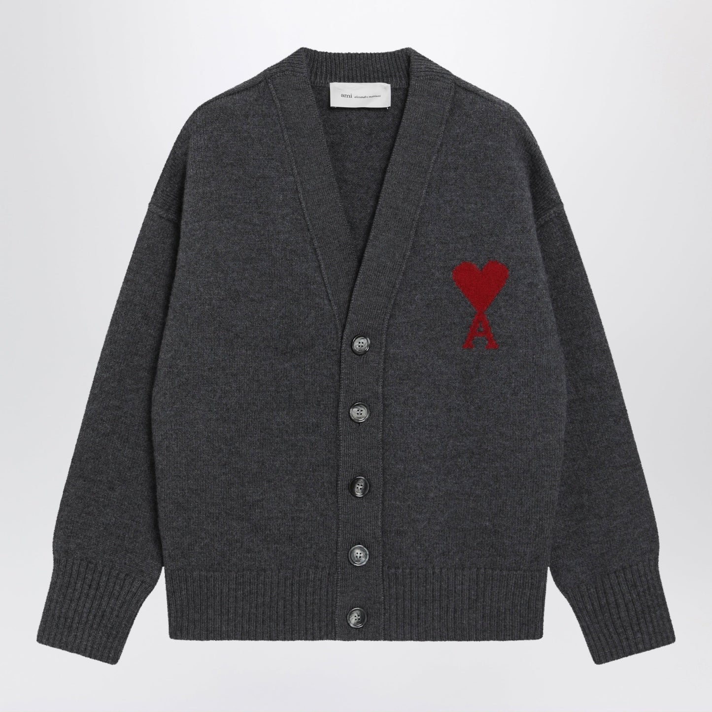 Ami Paris Ami De Coeur Cardigan In Grey Melange Merino Wool Knit Women AMI PARIS