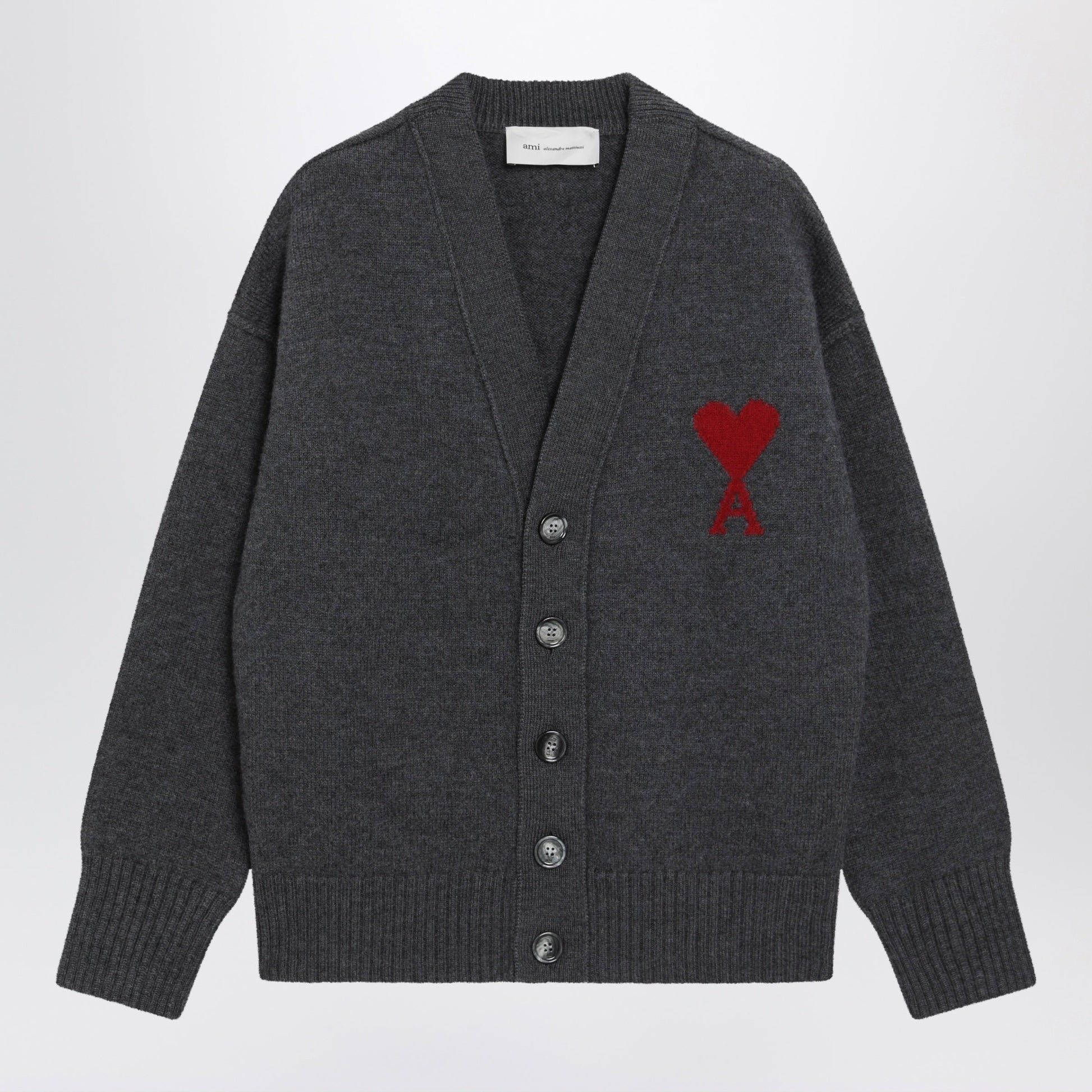 Ami Paris Ami De Coeur Cardigan In Grey Melange Merino Wool Knit Women AMI PARIS